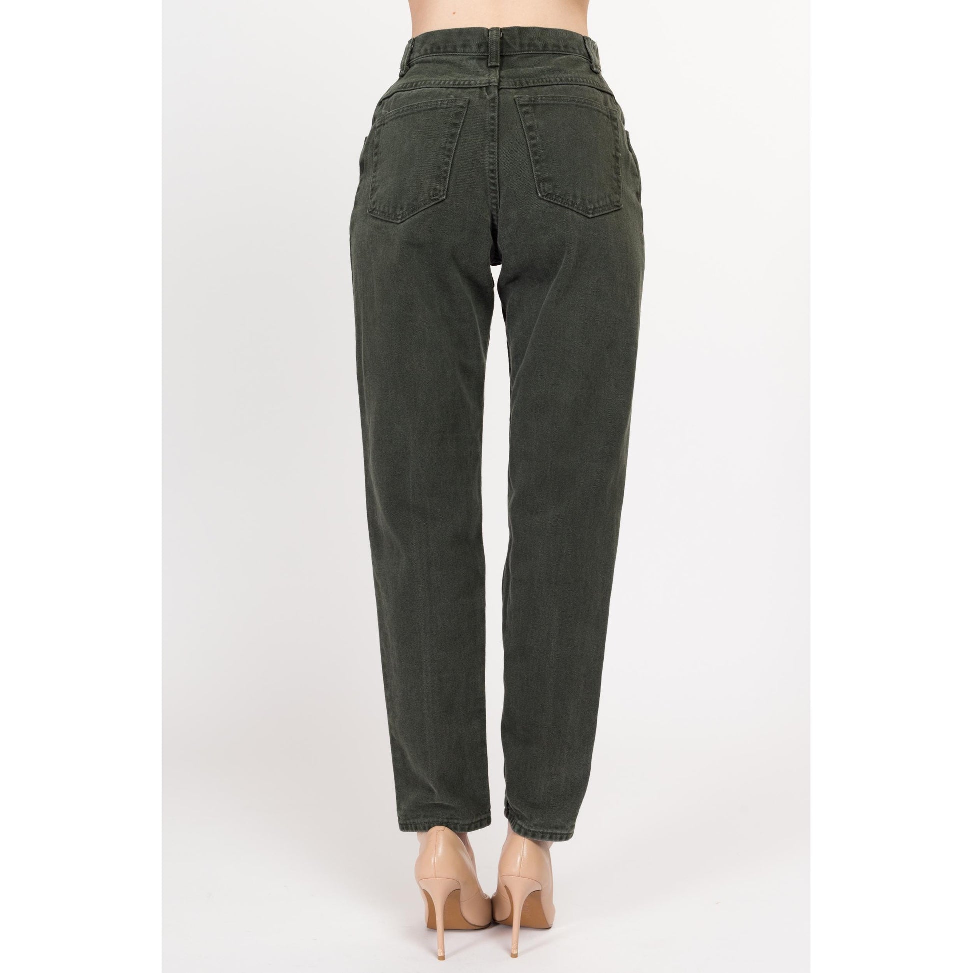Small 90s Wrangler Army Green High Waisted Jeans 26" | Vintage Denim Tapered Leg Mom Jeans