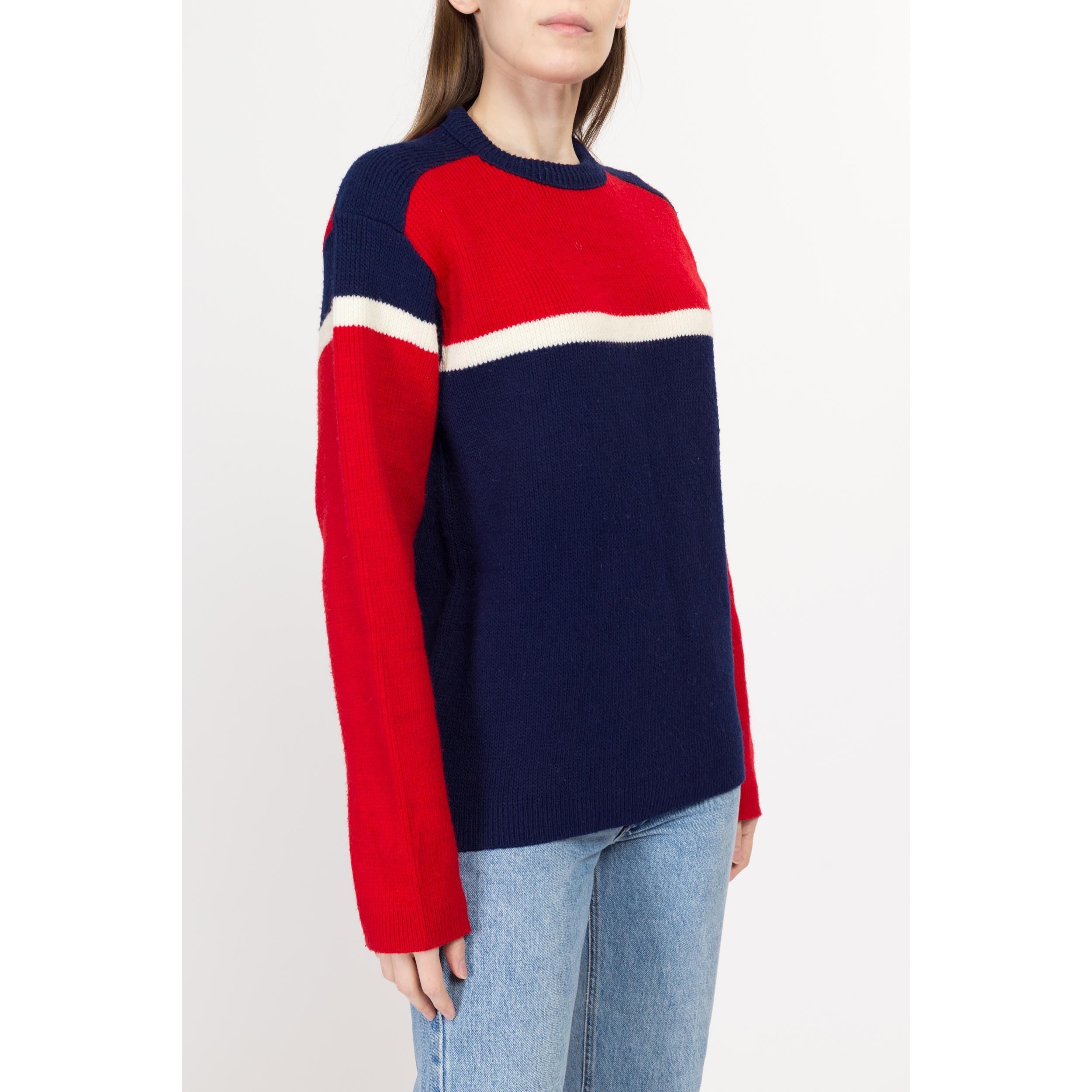 Med Lrg 70s 80s Color Block Wool Knit Ski Sweater Unisex Flying Apple Vintage