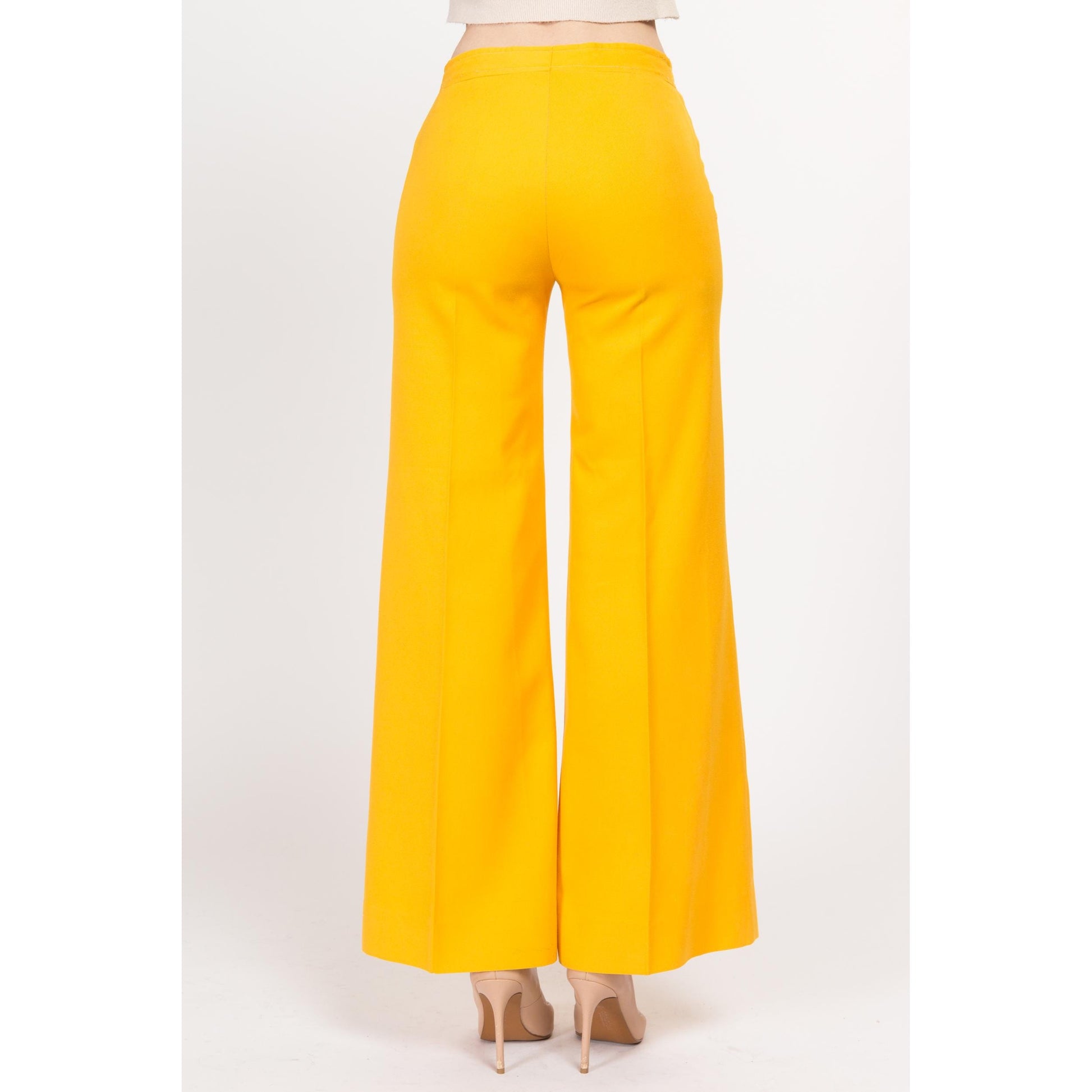 XS 70s Bright Yellow Flared Pants | Retro Vintage Mid High Rise Flares Disco Trousers