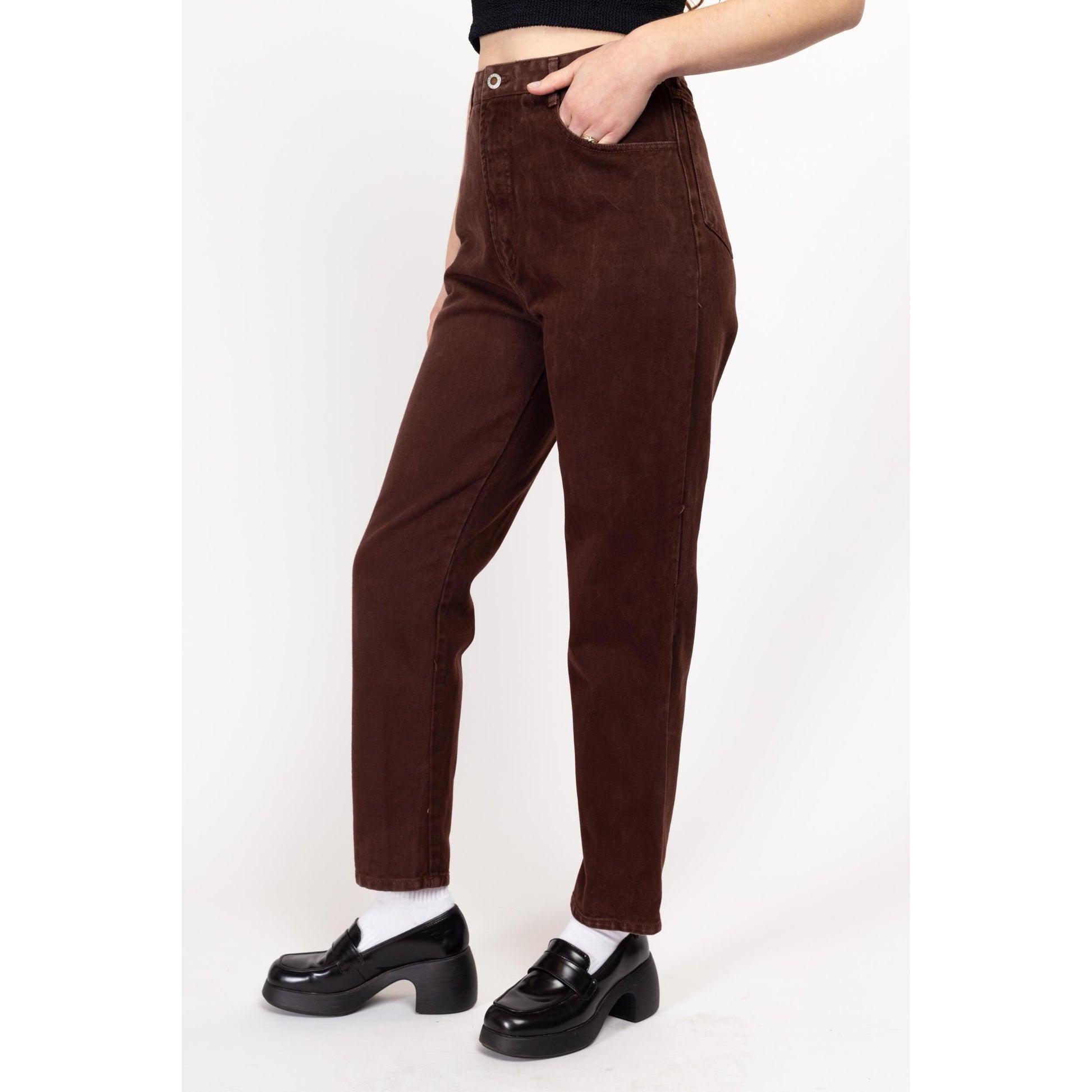Small 80s Chocolate Brown High Waisted Jeans 27" | Vintage Denim Tapered Leg Mom Jeans