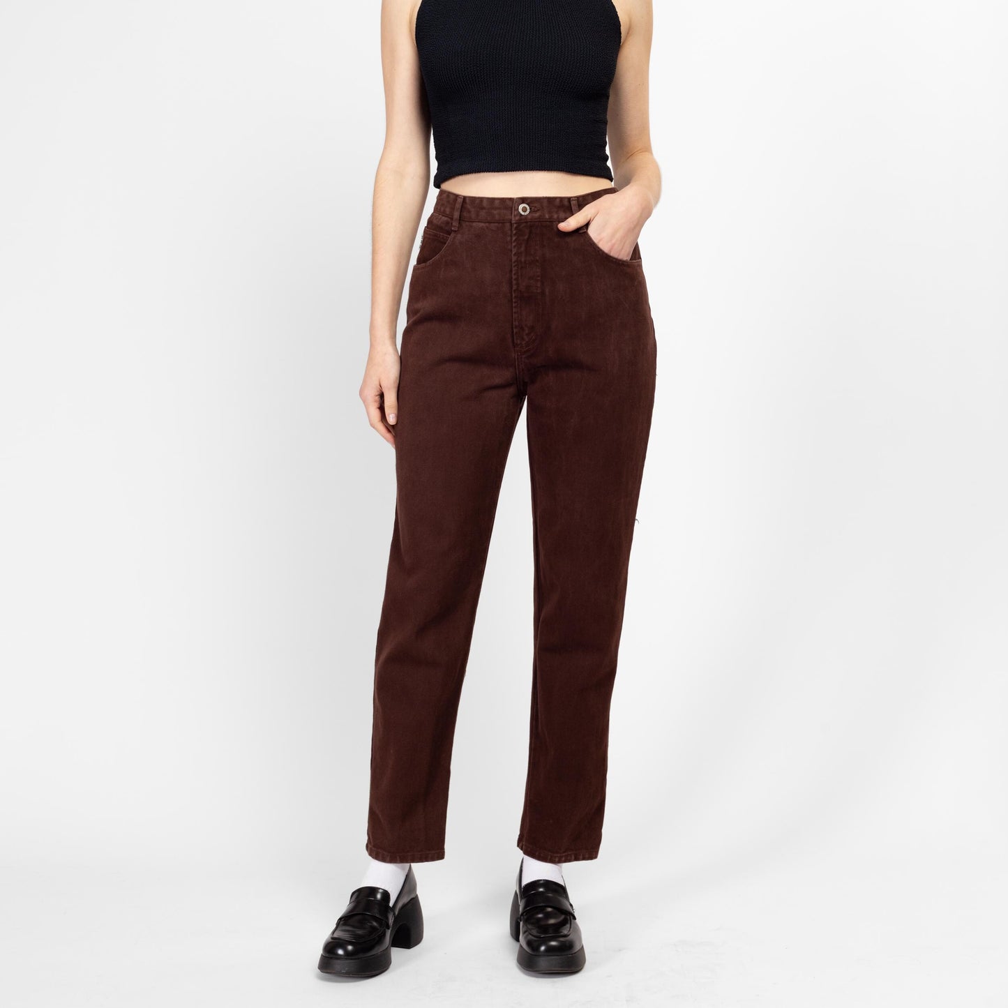 Small 80s Chocolate Brown High Waisted Jeans 27" | Vintage Denim Tapered Leg Mom Jeans