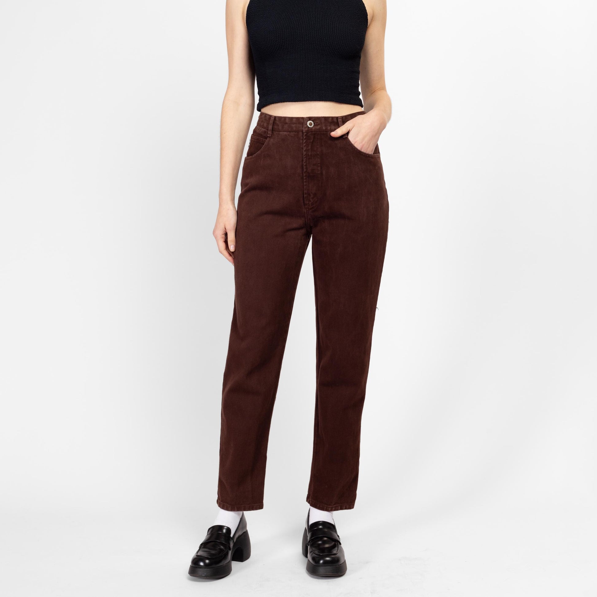 Small 80s Chocolate Brown High Waisted Jeans 27" | Vintage Denim Tapered Leg Mom Jeans
