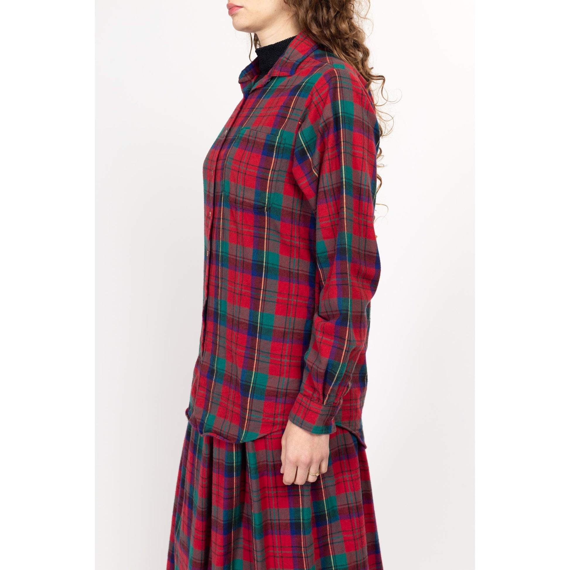 Medium 90s L.L. Bean Red & Green Flannel Skirt Set | Vintage Soft Cotton Blouse Maxi Skirt Matching Two Piece Outfit