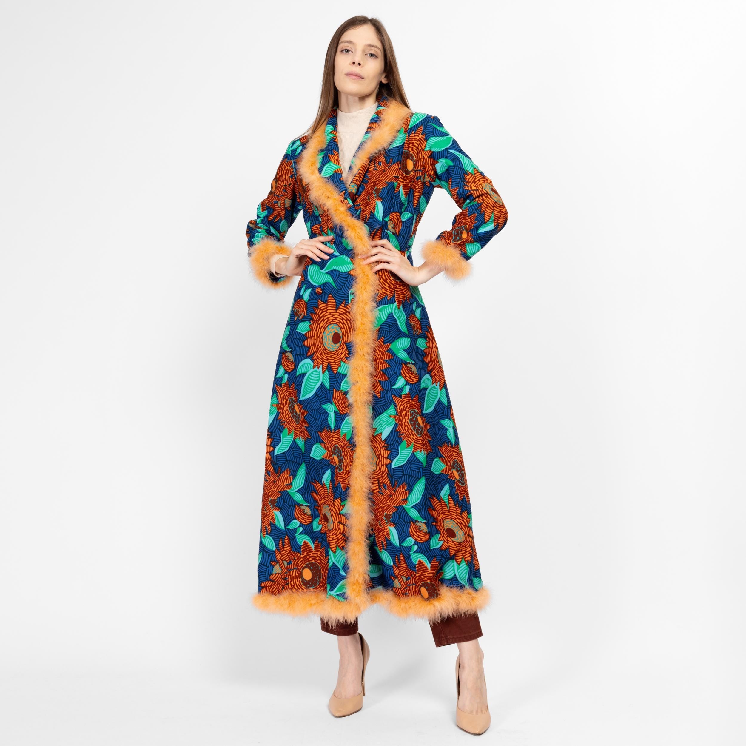 Small 70s Psychedelic Floral Marabou Dressing Gown