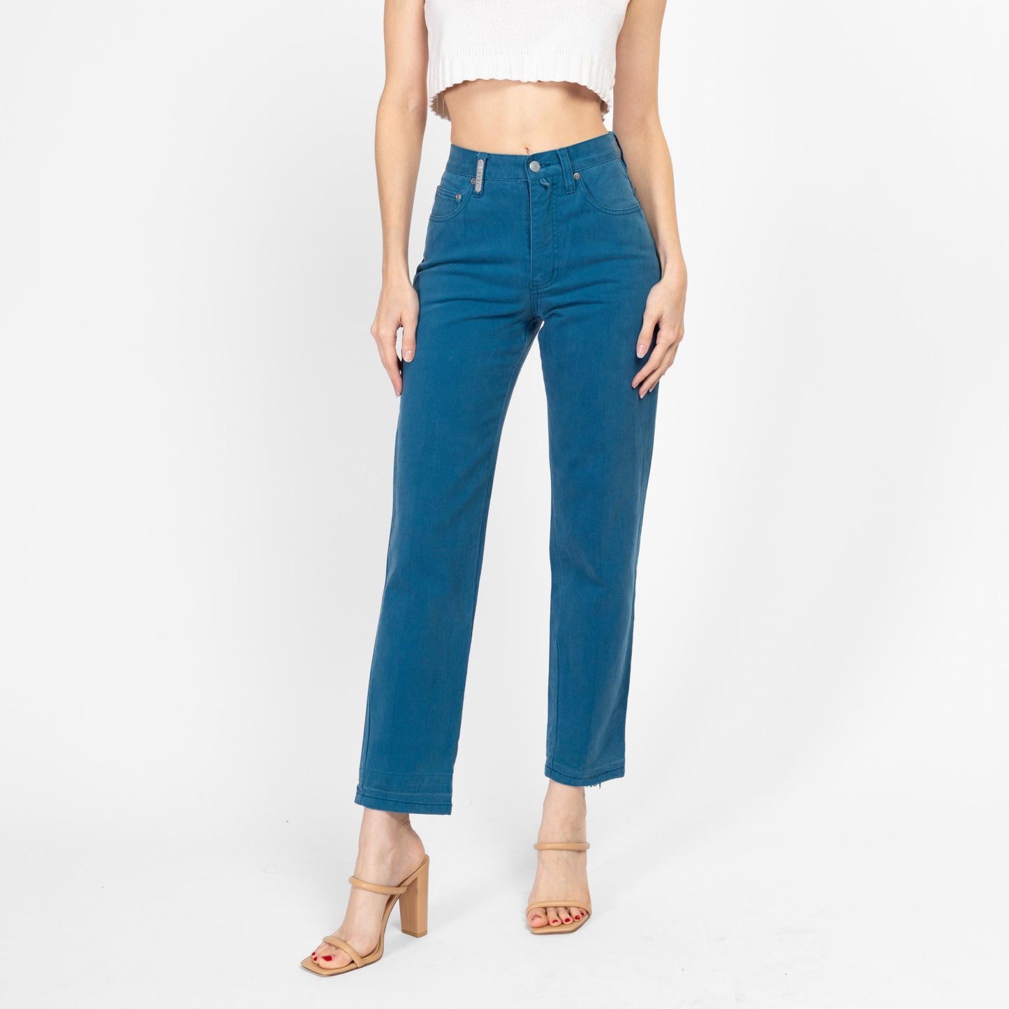 XS 90s Esprit Peacock Blue High Waisted Jeans 25" | Vintage Denim Tapered Leg Mom Jeans