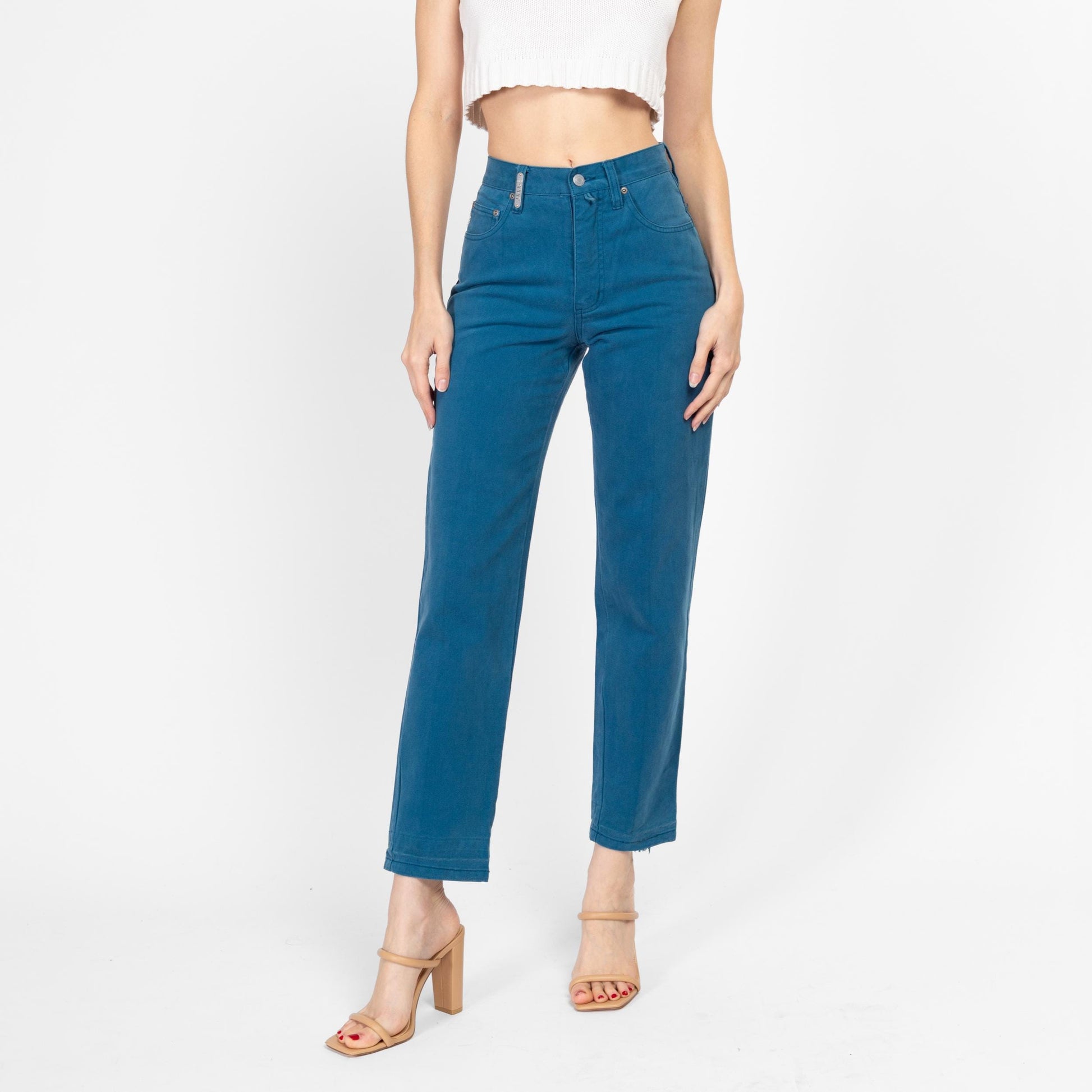 XS 90s Esprit Peacock Blue High Waisted Jeans 25" | Vintage Denim Tapered Leg Mom Jeans