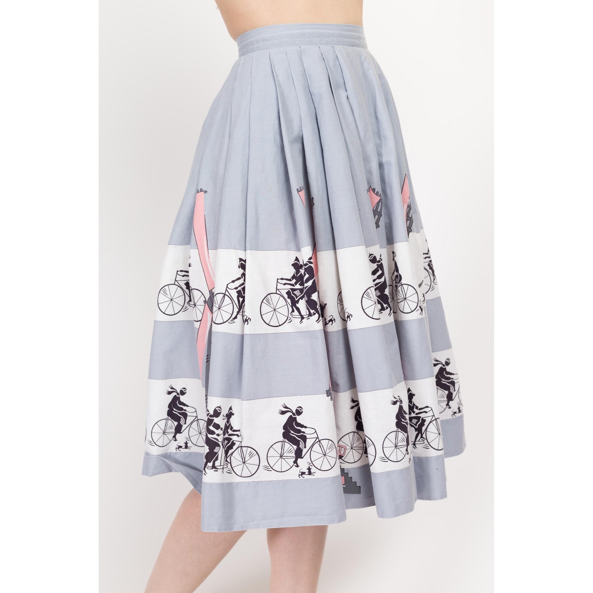 XS 60s Dutch Windmill & Bicycle Novelty Print Skirt 23" | Boho Vintage Grey Midi Circle Skirt