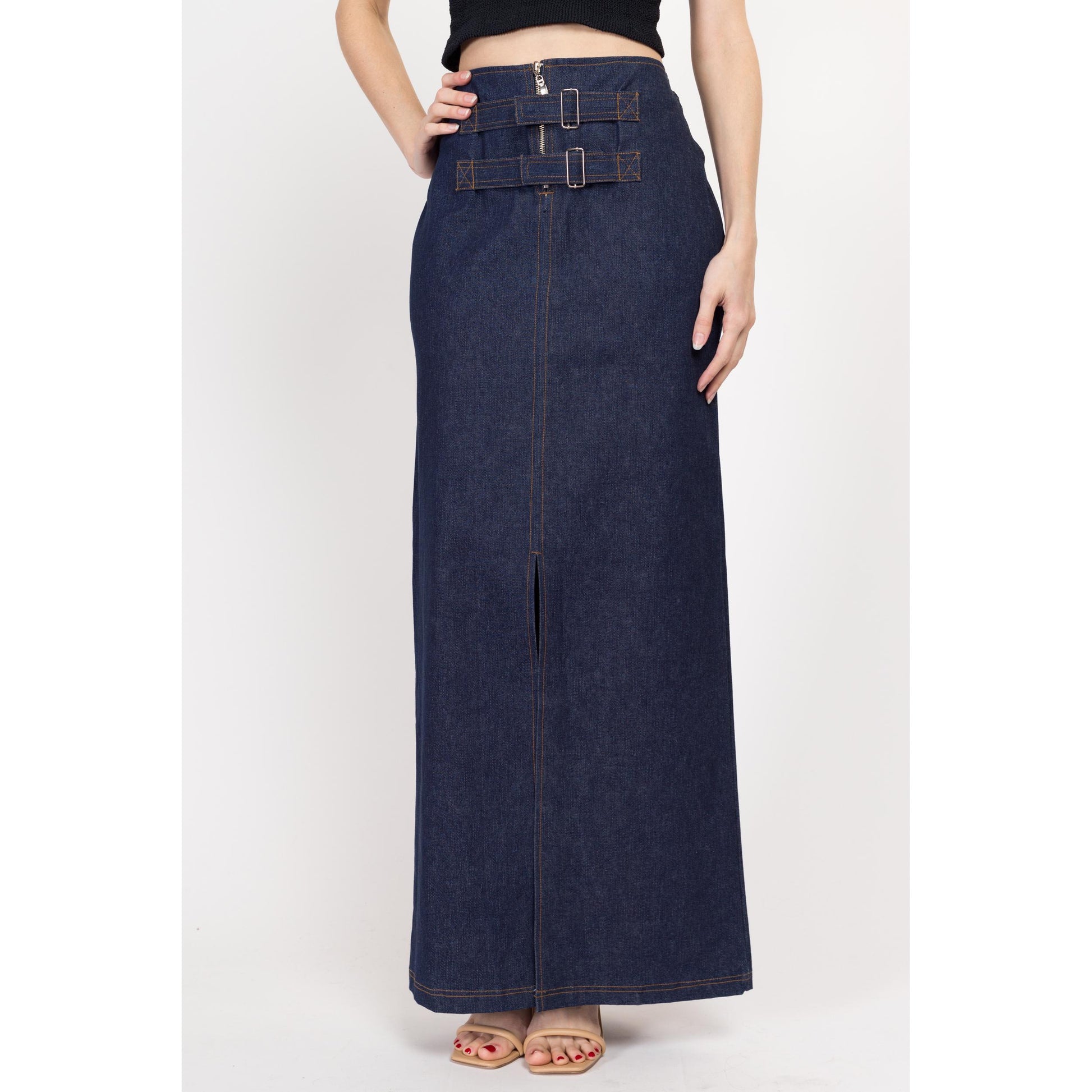 Medium Y2K Dark Wash Denim Maxi Skirt | Vintage Mid Rise Buckle Blue Jean Column Skirt