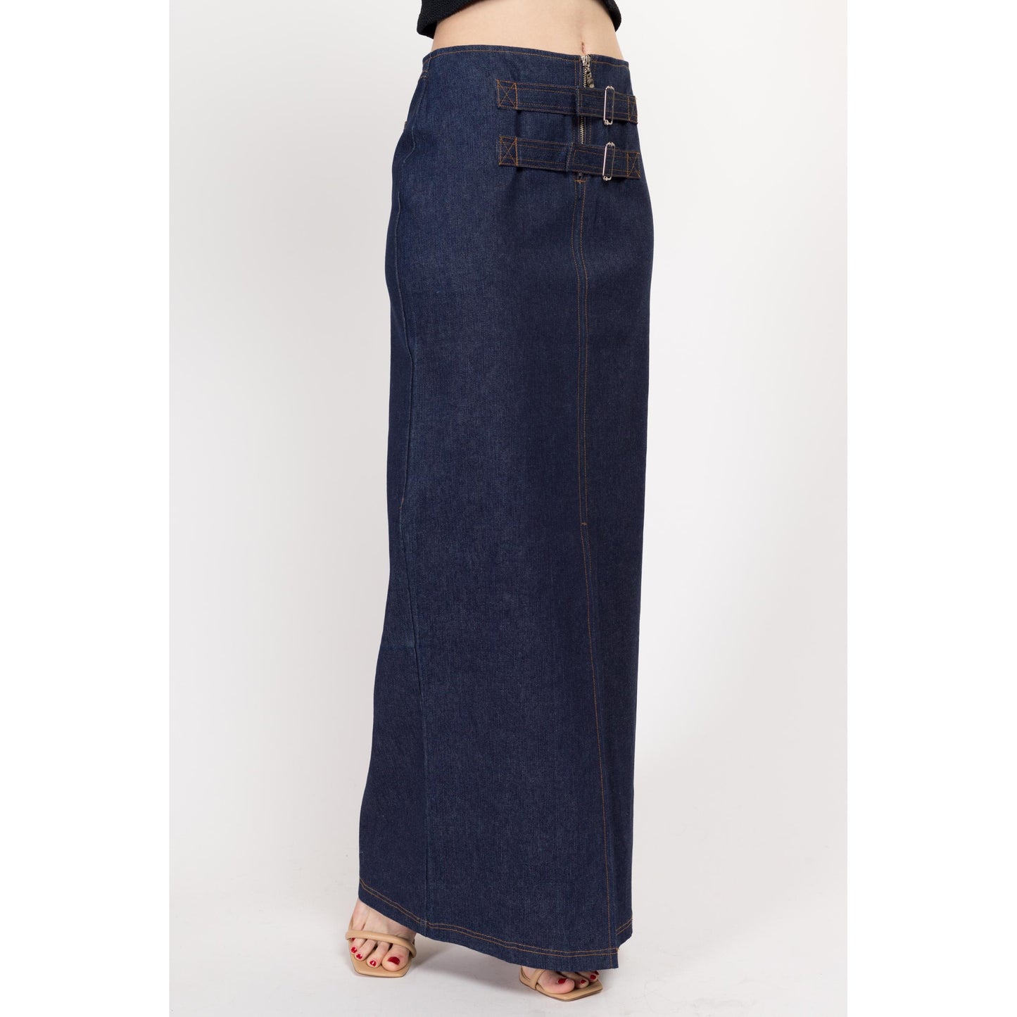 Medium Y2K Dark Wash Denim Maxi Skirt | Vintage Mid Rise Buckle Blue Jean Column Skirt