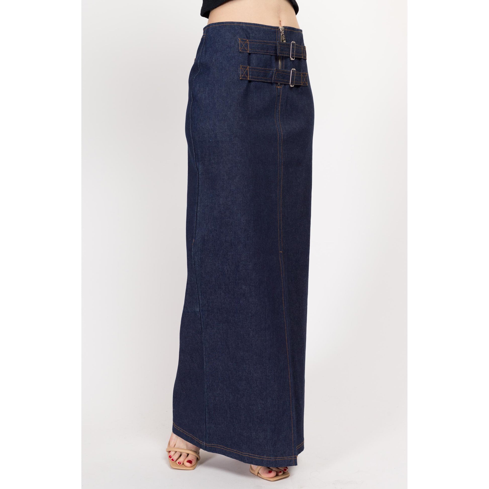 Medium Y2K Dark Wash Denim Maxi Skirt | Vintage Mid Rise Buckle Blue Jean Column Skirt