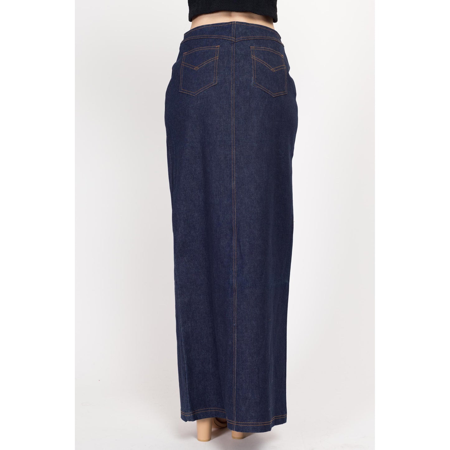 Medium Y2K Dark Wash Denim Maxi Skirt | Vintage Mid Rise Buckle Blue Jean Column Skirt