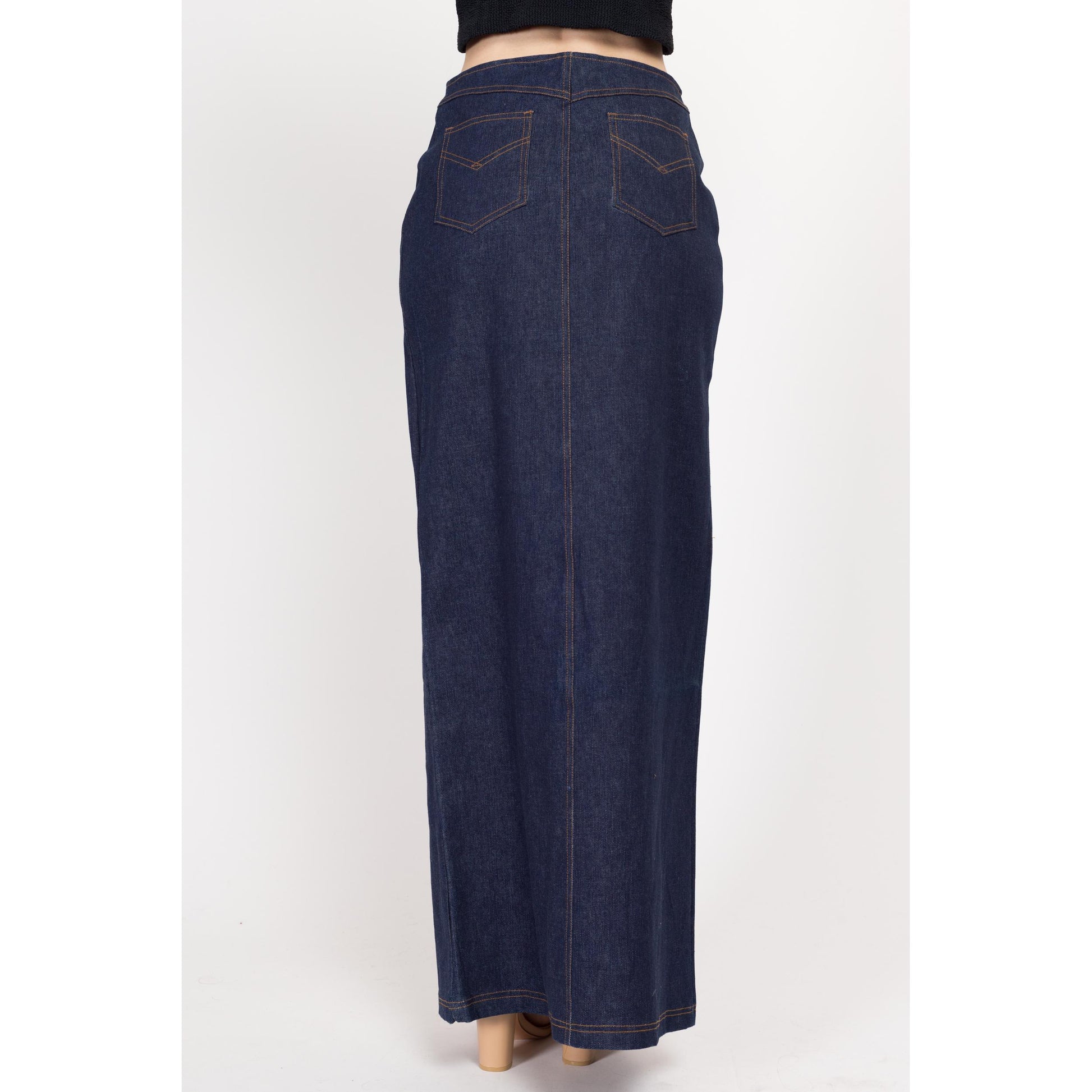 Medium Y2K Dark Wash Denim Maxi Skirt | Vintage Mid Rise Buckle Blue Jean Column Skirt