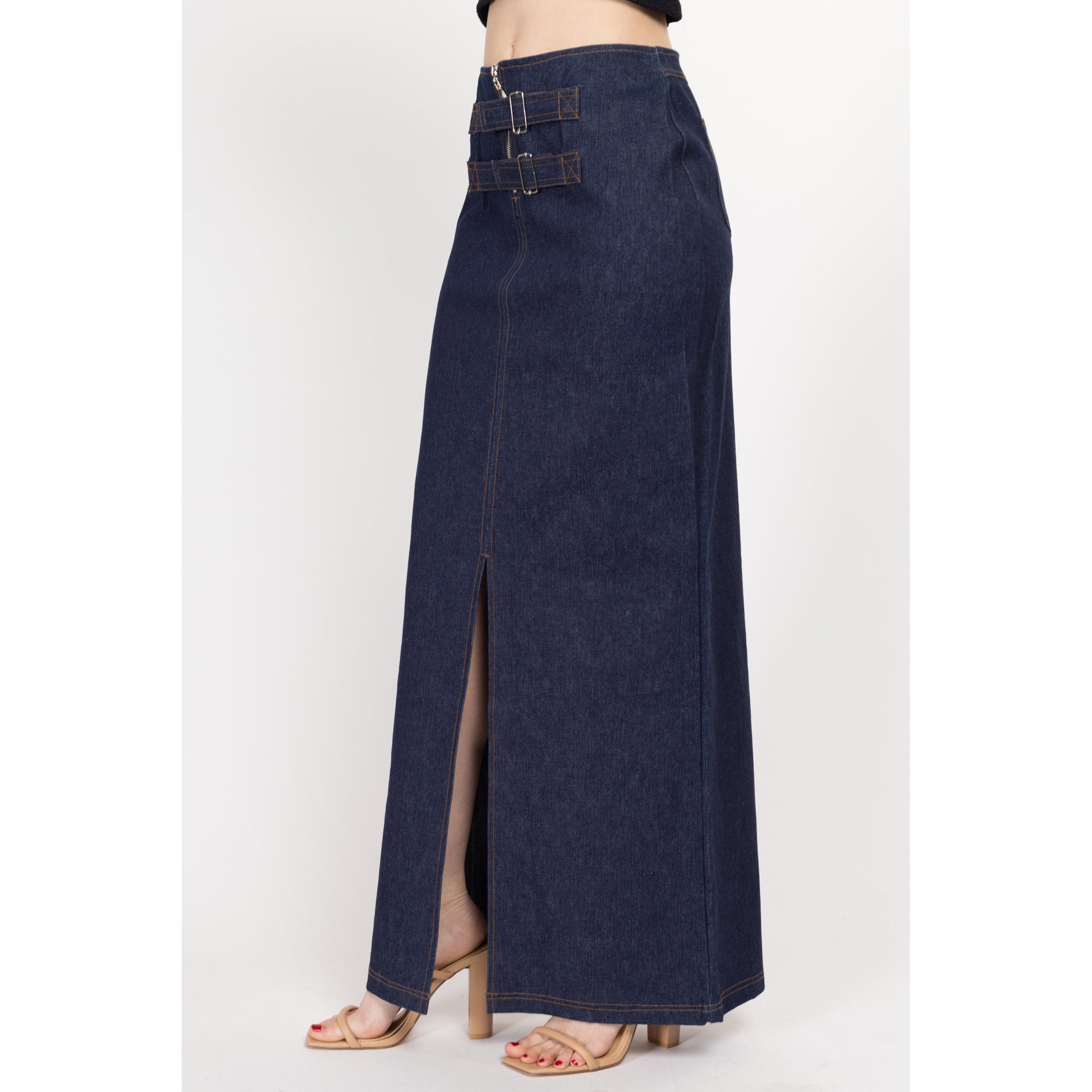 Medium Y2K Dark Wash Denim Maxi Skirt | Vintage Mid Rise Buckle Blue Jean Column Skirt