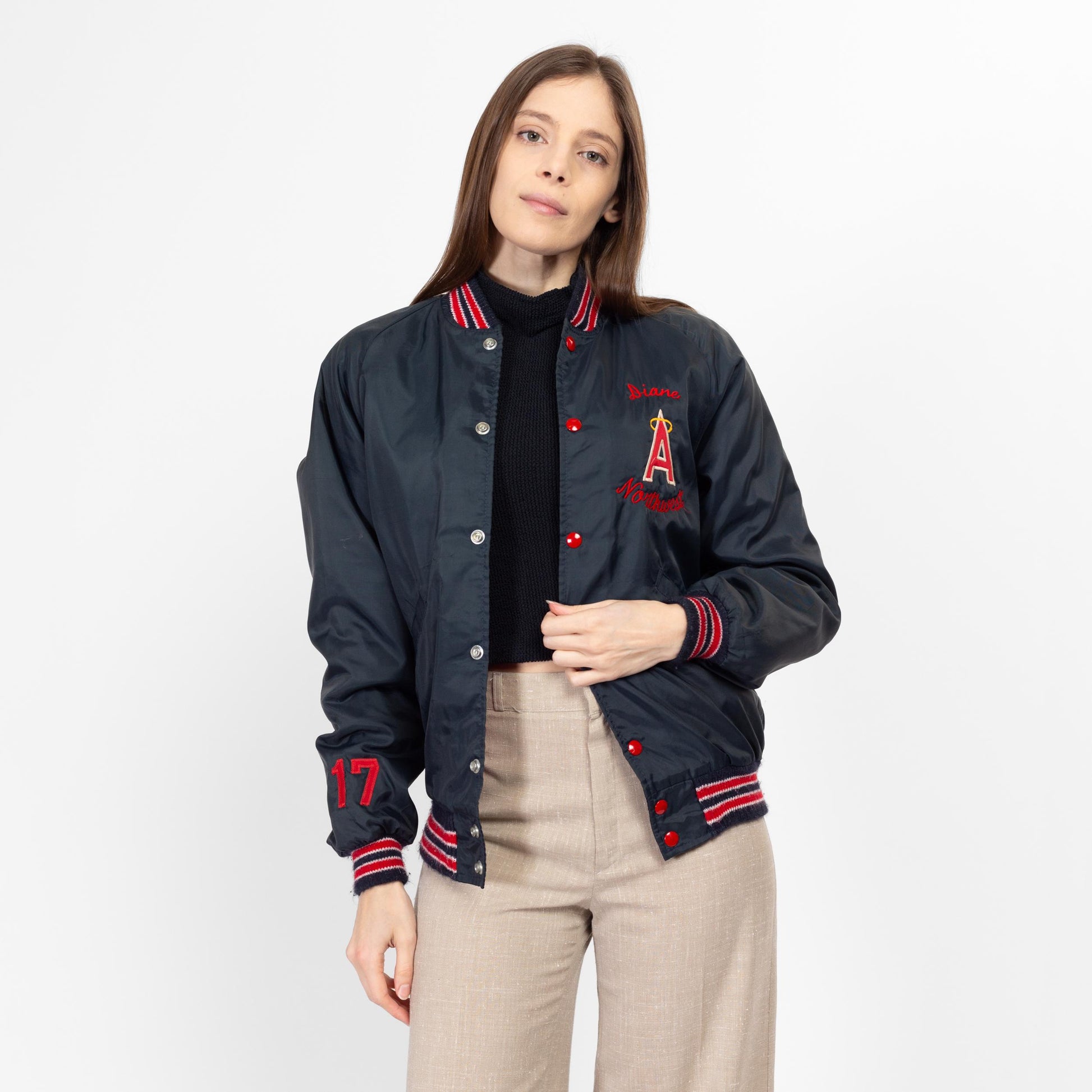 Medium 80s Angels Baseball Varsity Jacket | Vintage Navy Blue Red Striped Snap Button MLB Bomber