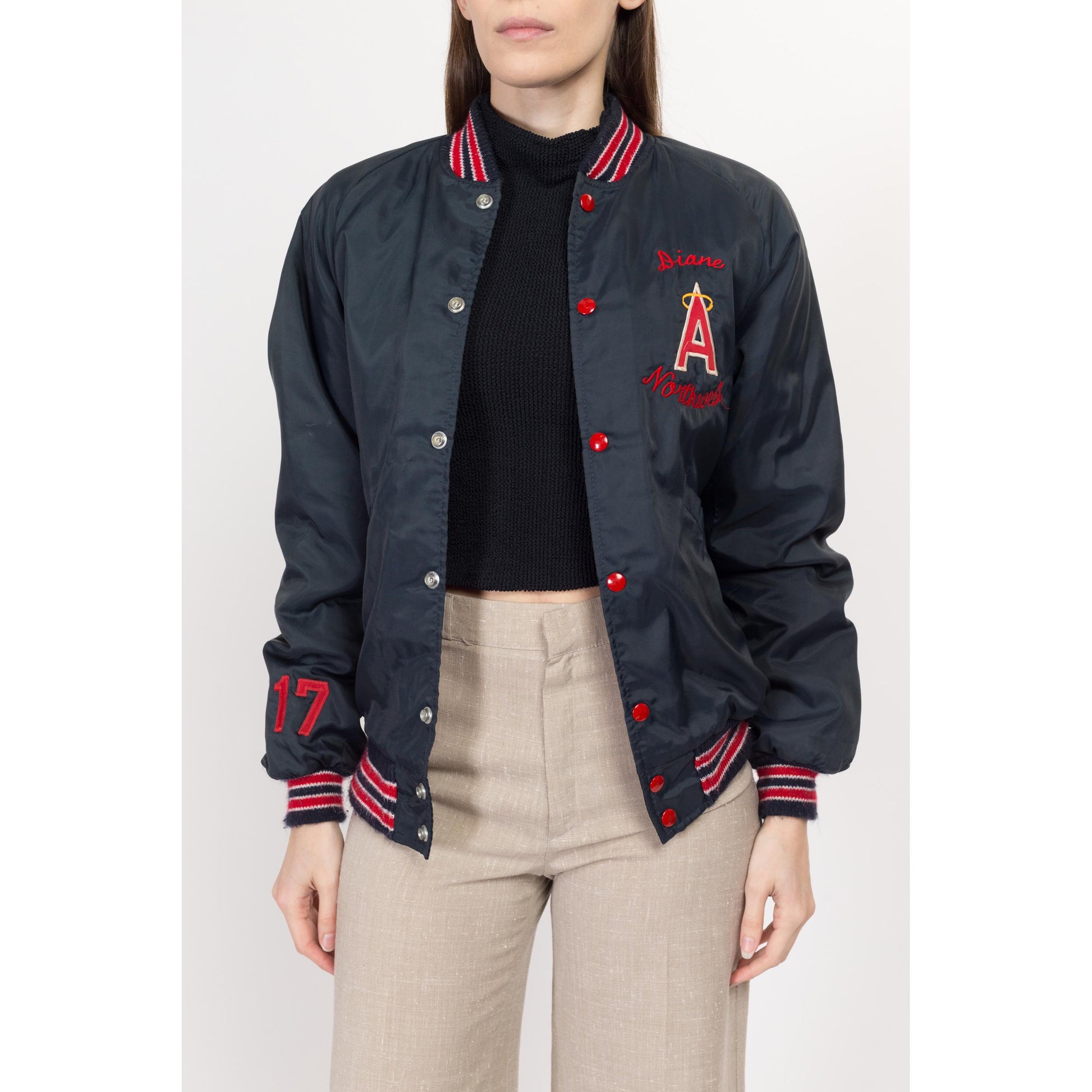 Medium 80s Angels Baseball Varsity Jacket | Vintage Navy Blue Red Striped Snap Button MLB Bomber