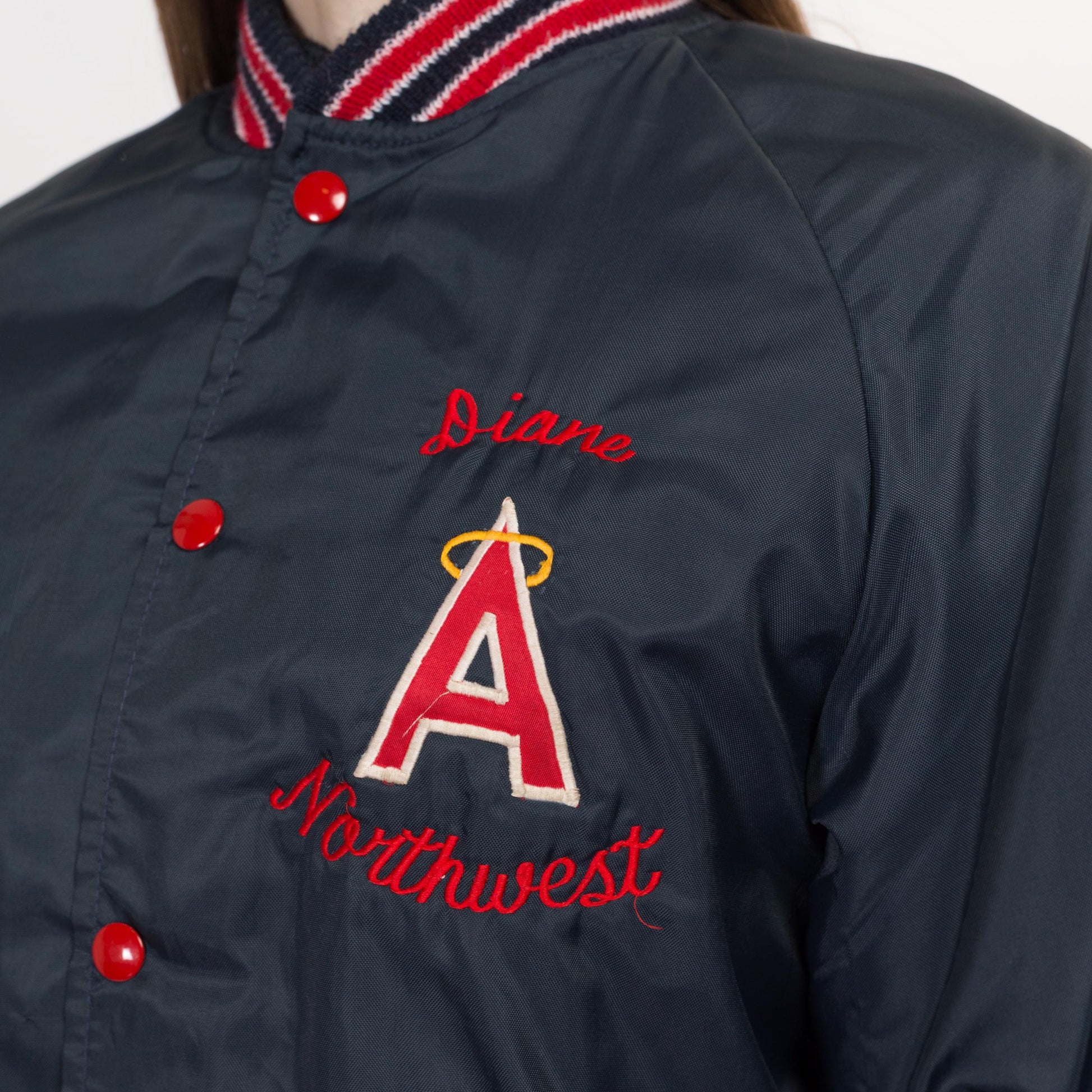 Medium 80s Angels Baseball Varsity Jacket | Vintage Navy Blue Red Striped Snap Button MLB Bomber