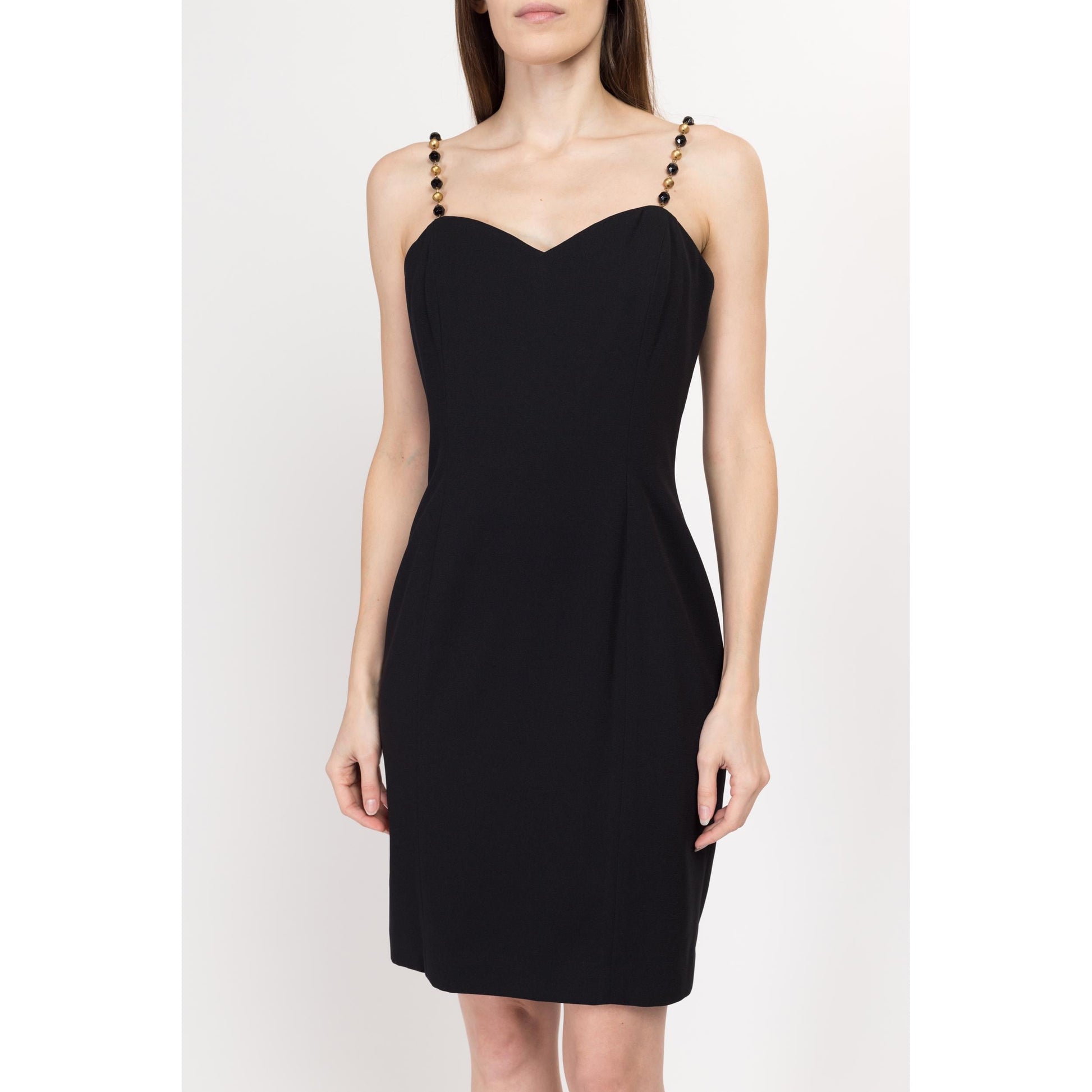 Small 90s Black Jeweled Chain Strap Mini Dress Size 6 | Vintage Ann Taylor Sleeveless Cocktail Party Dress