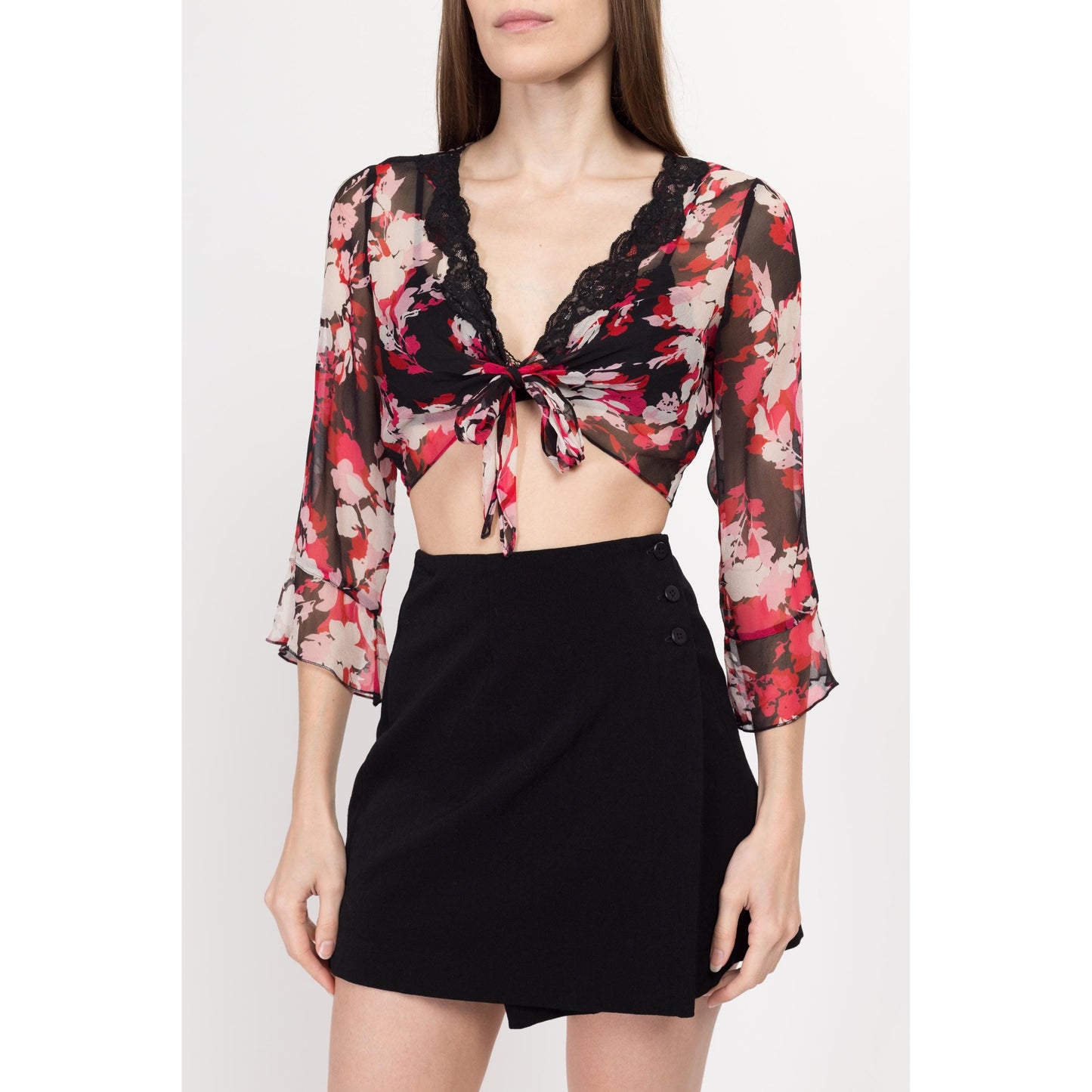 Small 90s Sheer Silk Floral Tie Front Crop Top | Vintage Red Black Boho Flowy Angel Sleeve Cropped Blouse