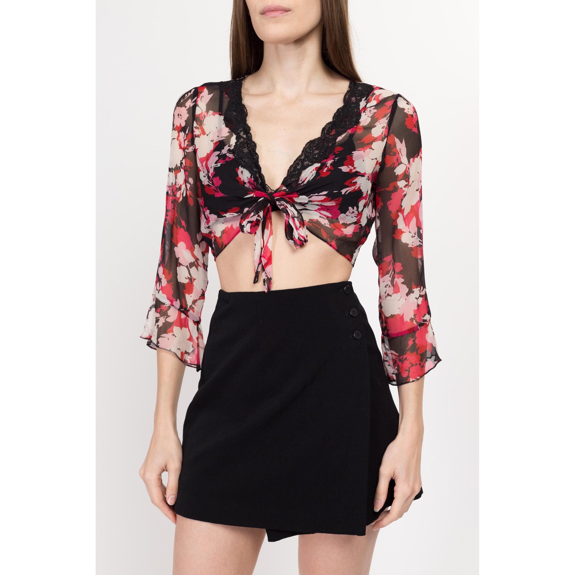 Small 90s Sheer Silk Floral Tie Front Crop Top | Vintage Red Black Boho Flowy Angel Sleeve Cropped Blouse