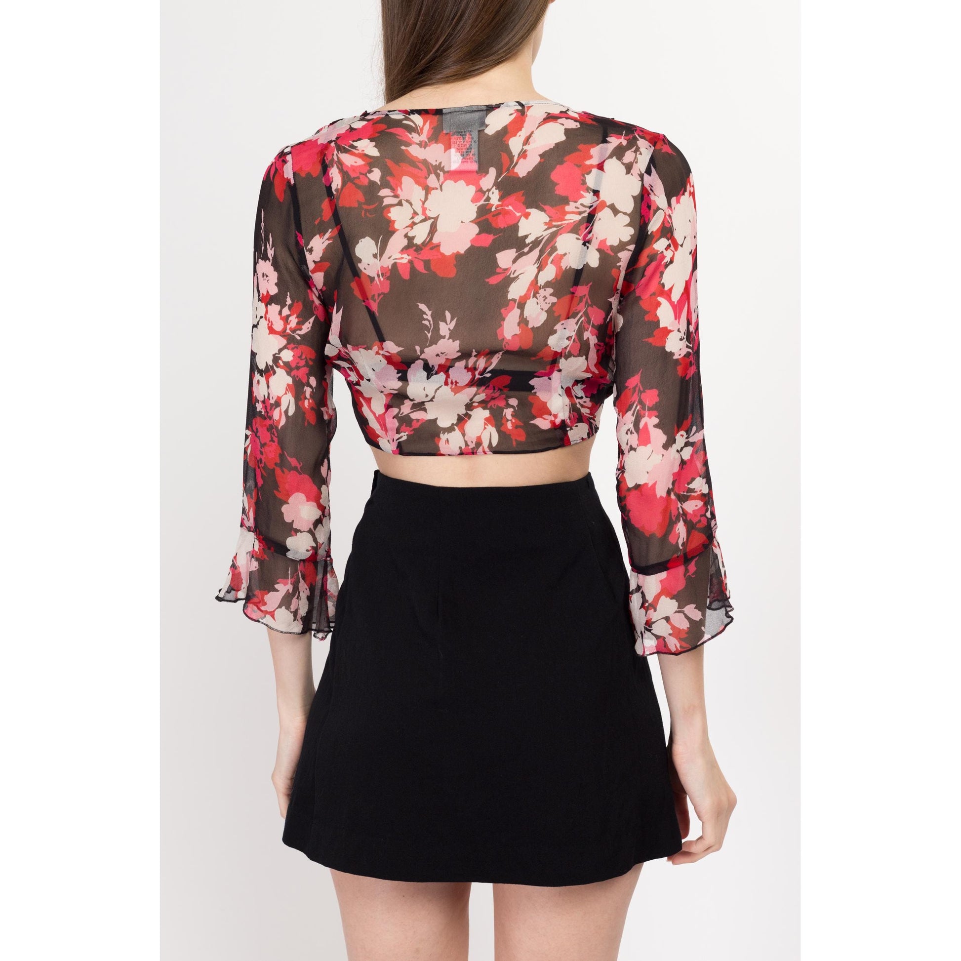 Small 90s Sheer Silk Floral Tie Front Crop Top | Vintage Red Black Boho Flowy Angel Sleeve Cropped Blouse