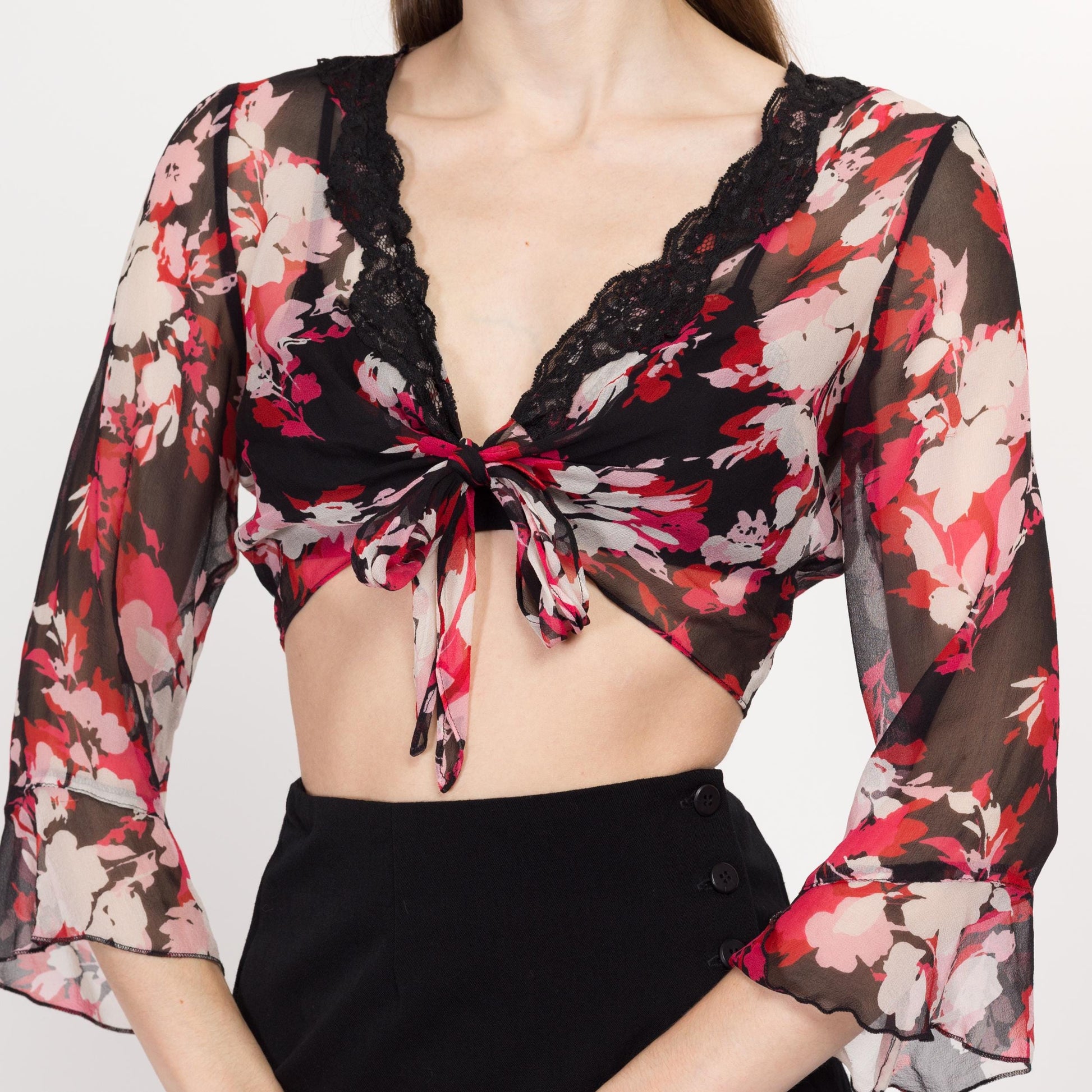 Small 90s Sheer Silk Floral Tie Front Crop Top | Vintage Red Black Boho Flowy Angel Sleeve Cropped Blouse