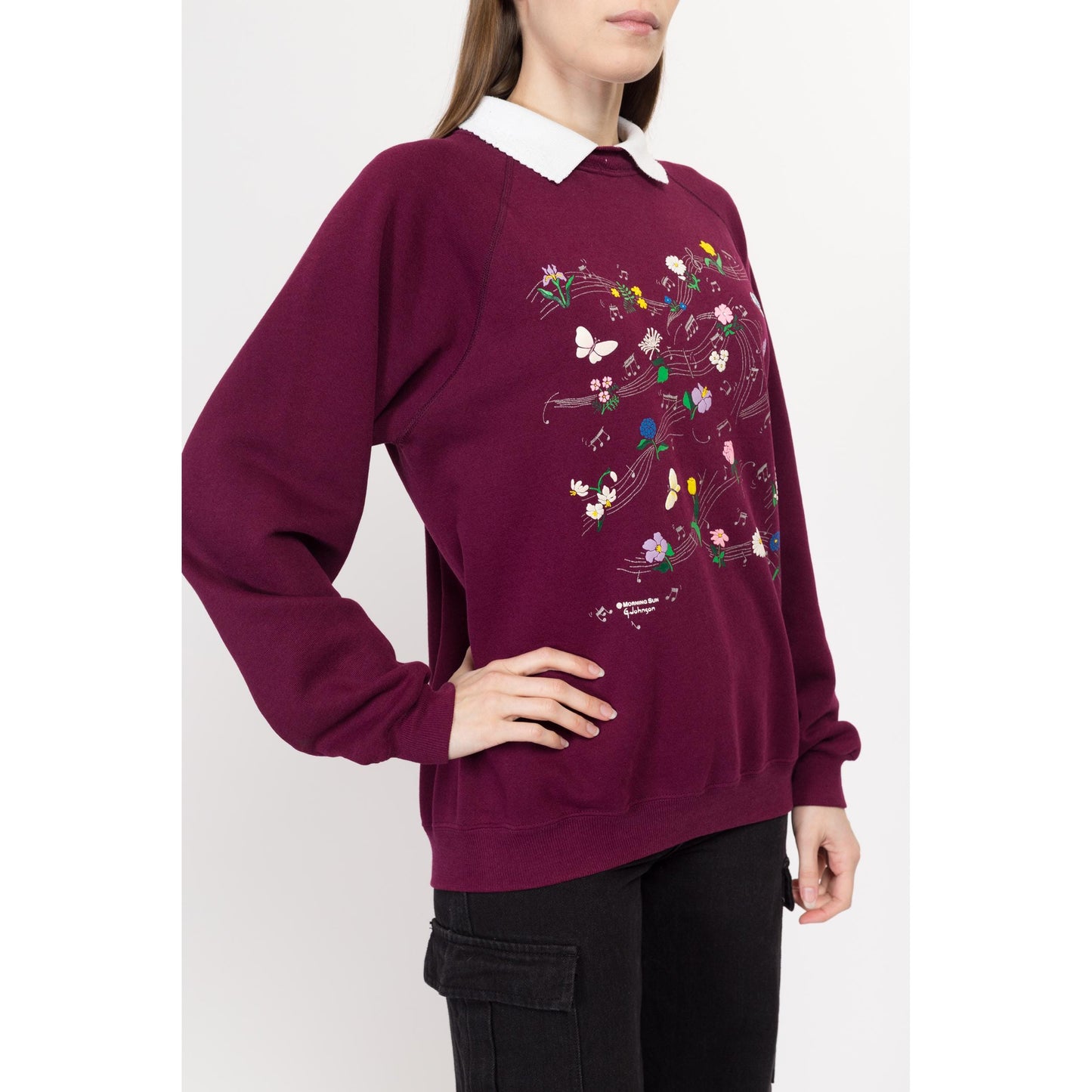 Large 90s Music Note & Butterfly Collared Sweatshirt | Vintage Burgundy Windy Floral Graphic Pullover