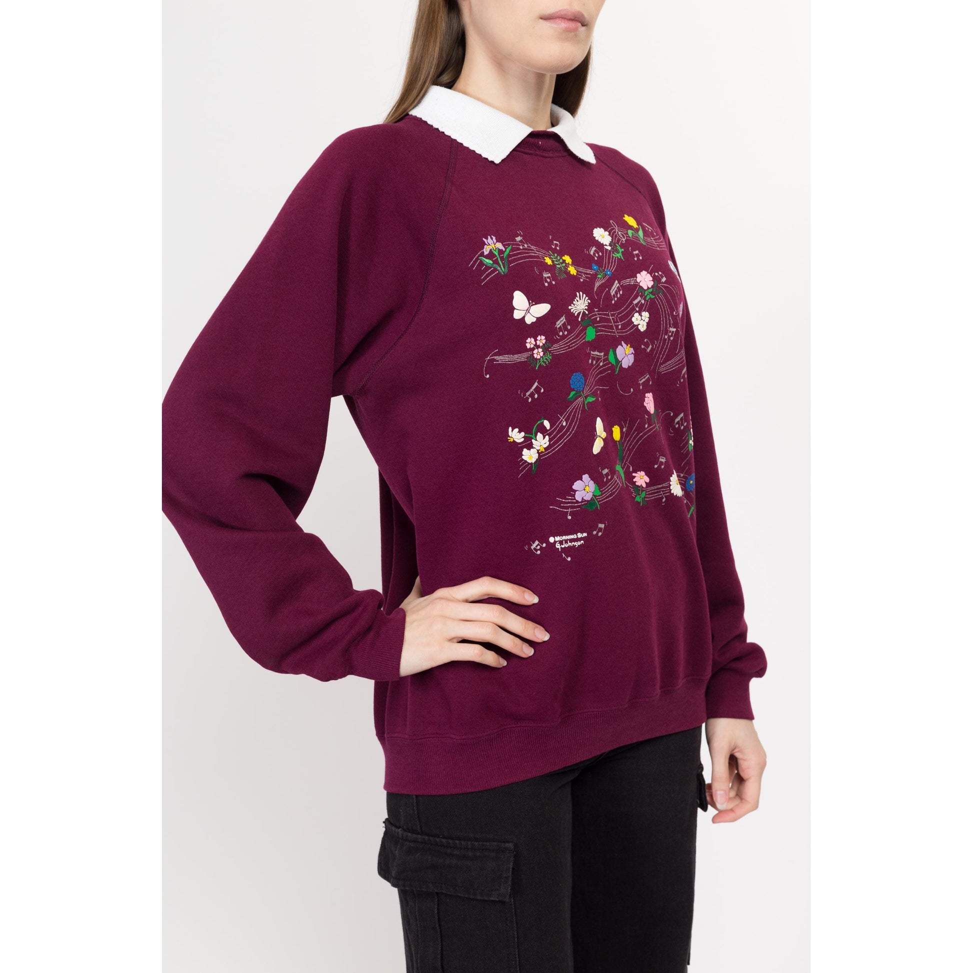 Large 90s Music Note & Butterfly Collared Sweatshirt | Vintage Burgundy Windy Floral Graphic Pullover