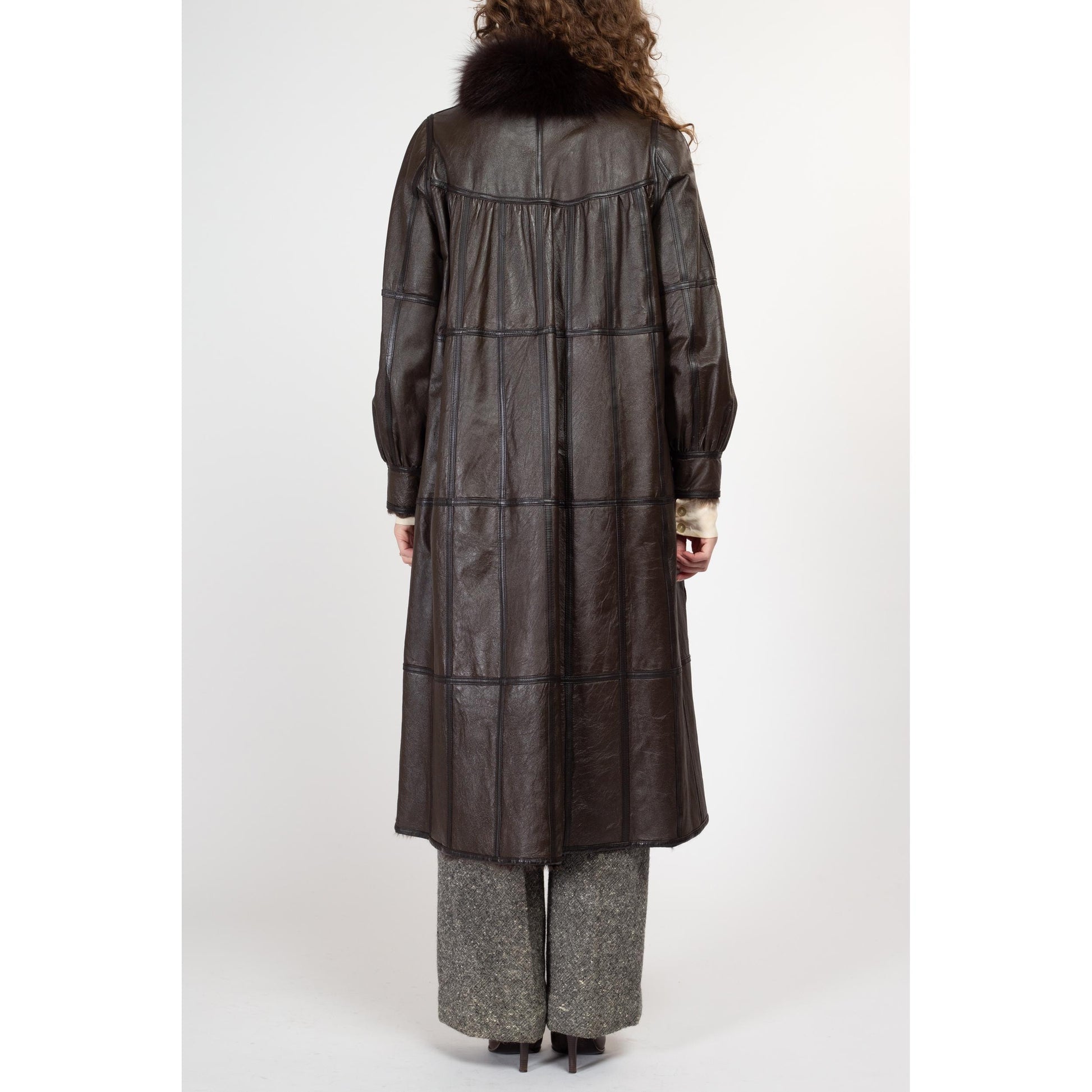 Medium 90s Dark Brown Leather & Fur Reversible Coat | Vintage Patchwork Collared Long Winter Jacket