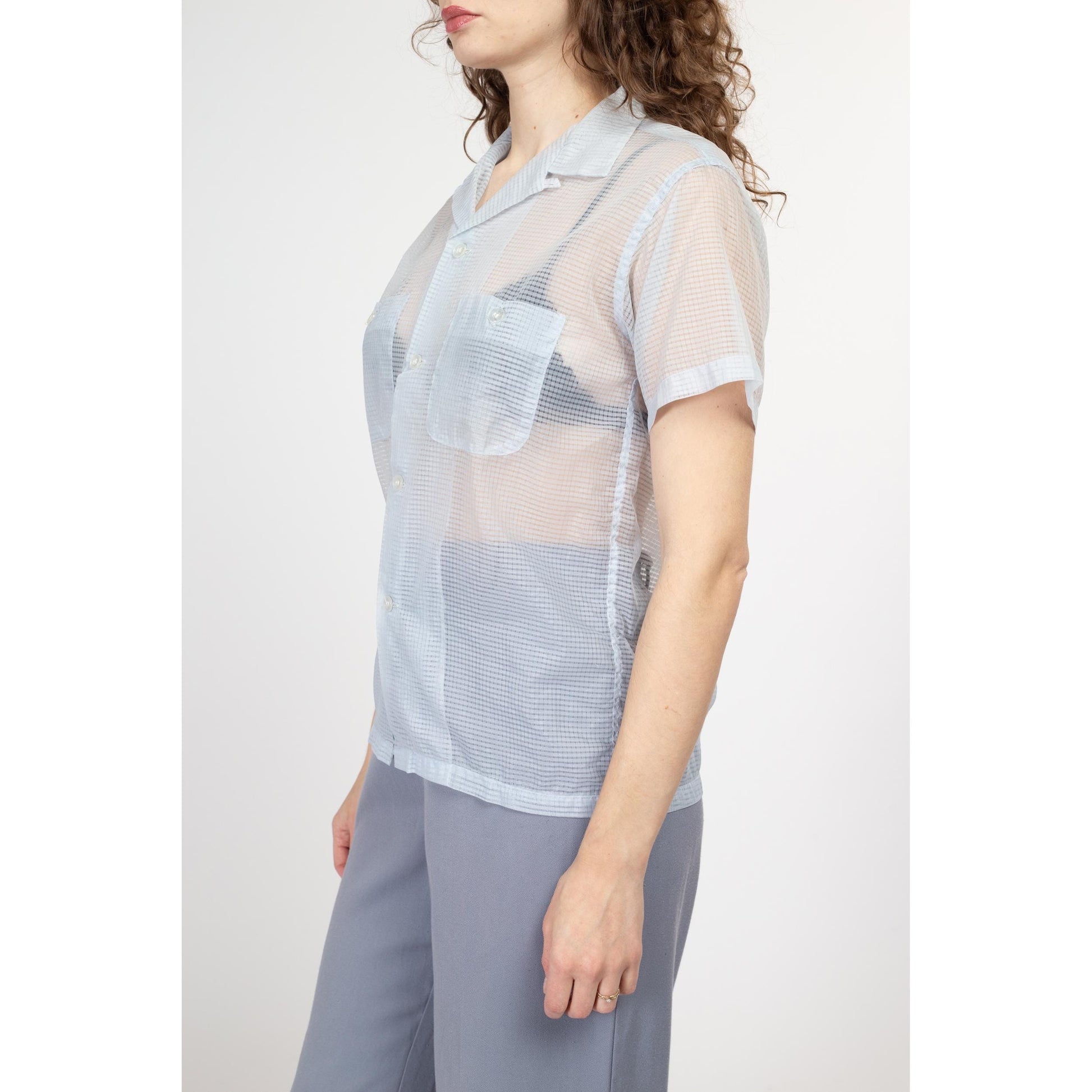 Small 60s Sheer Pastel Blue Collared Shirt Unisex | Vintage Short Sleeve Button Up Nylon Top
