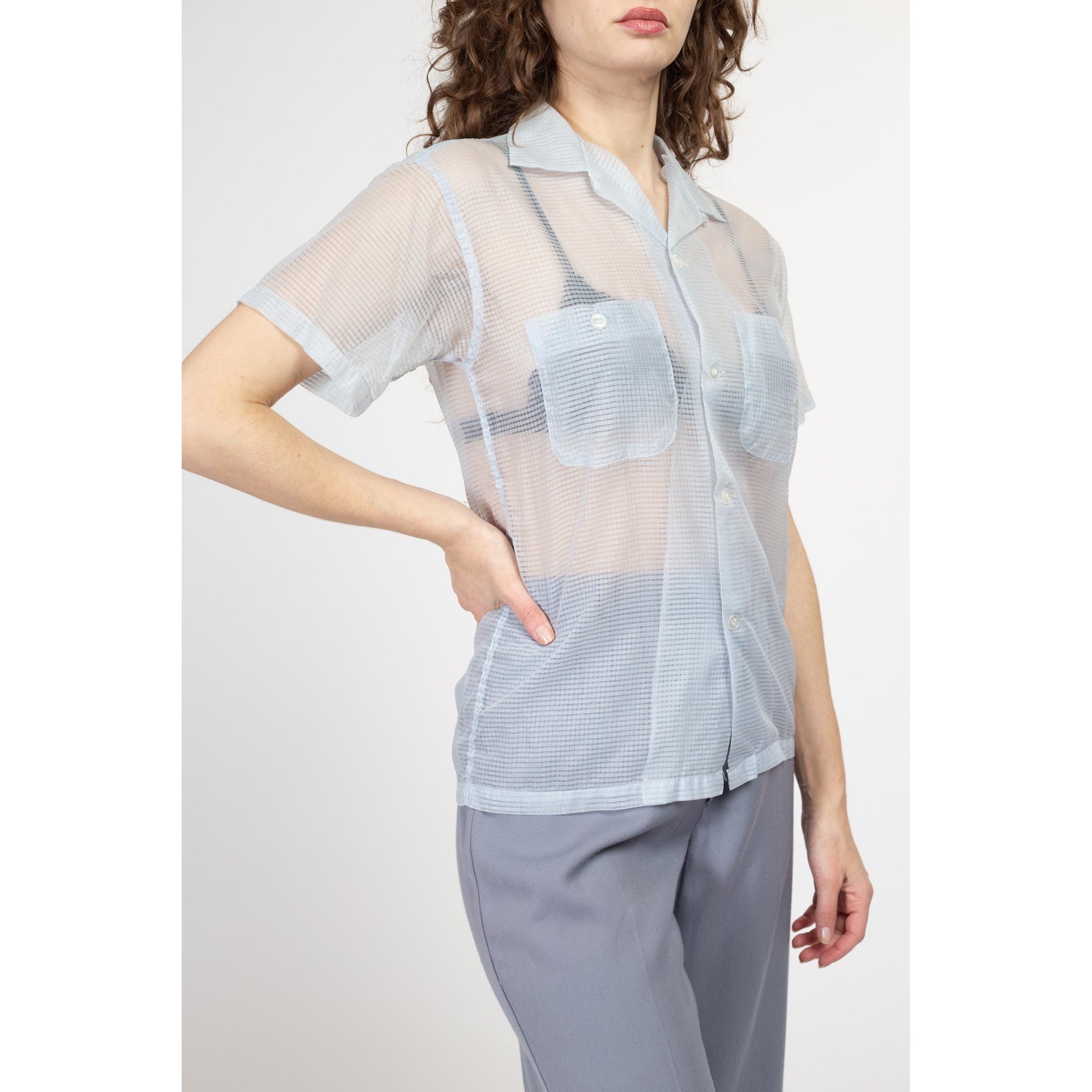 Small 60s Sheer Pastel Blue Collared Shirt Unisex | Vintage Short Sleeve Button Up Nylon Top