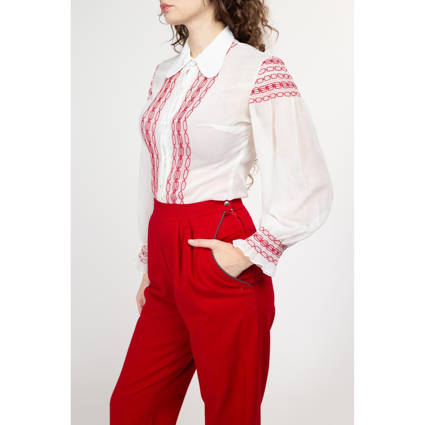 70s Boho White & Red Embroidered Folk Blouse | Vintage Dog Ear Collar Sheer Long Sleeve Peasant Shirt