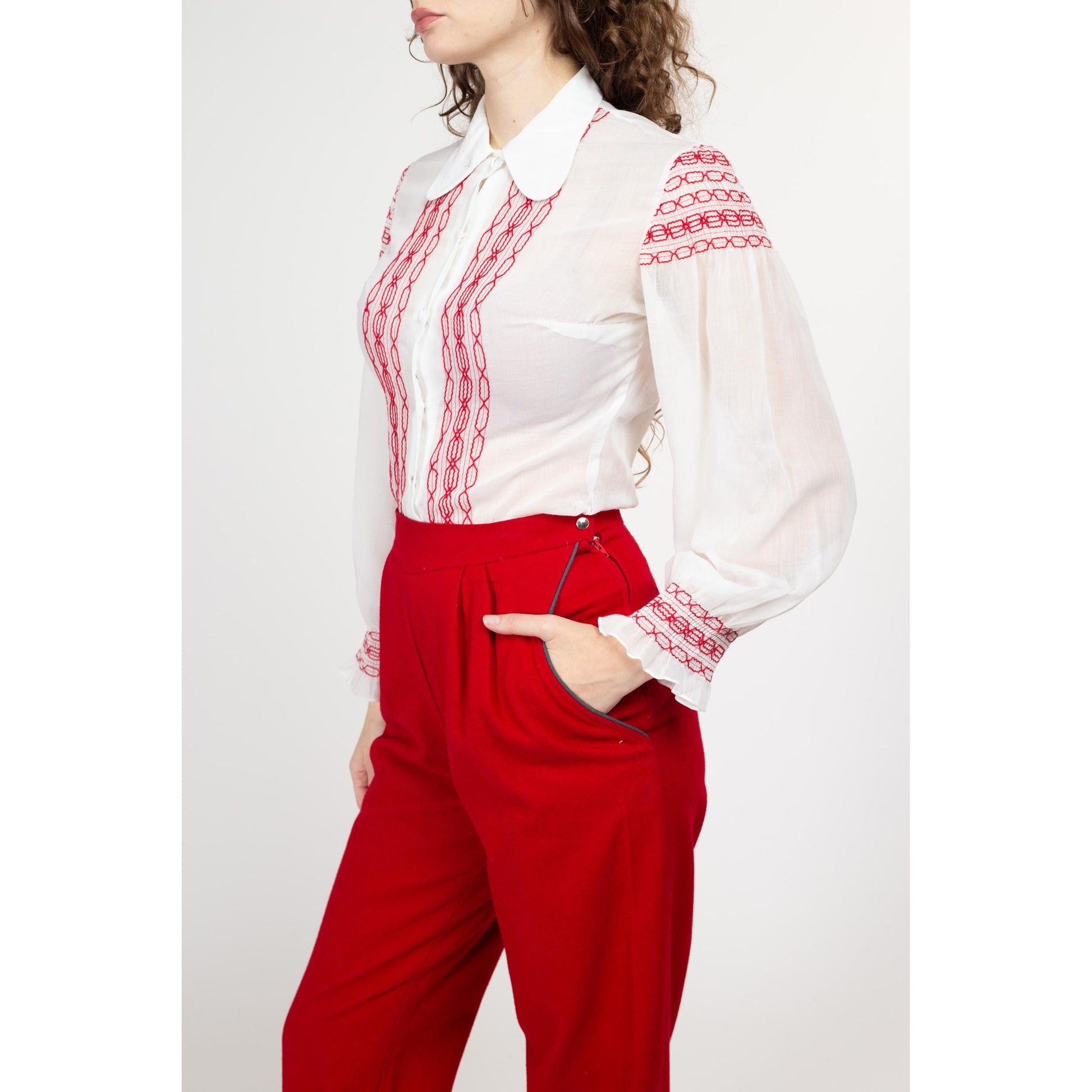 70s Boho White & Red Embroidered Folk Blouse | Vintage Dog Ear Collar Sheer Long Sleeve Peasant Shirt