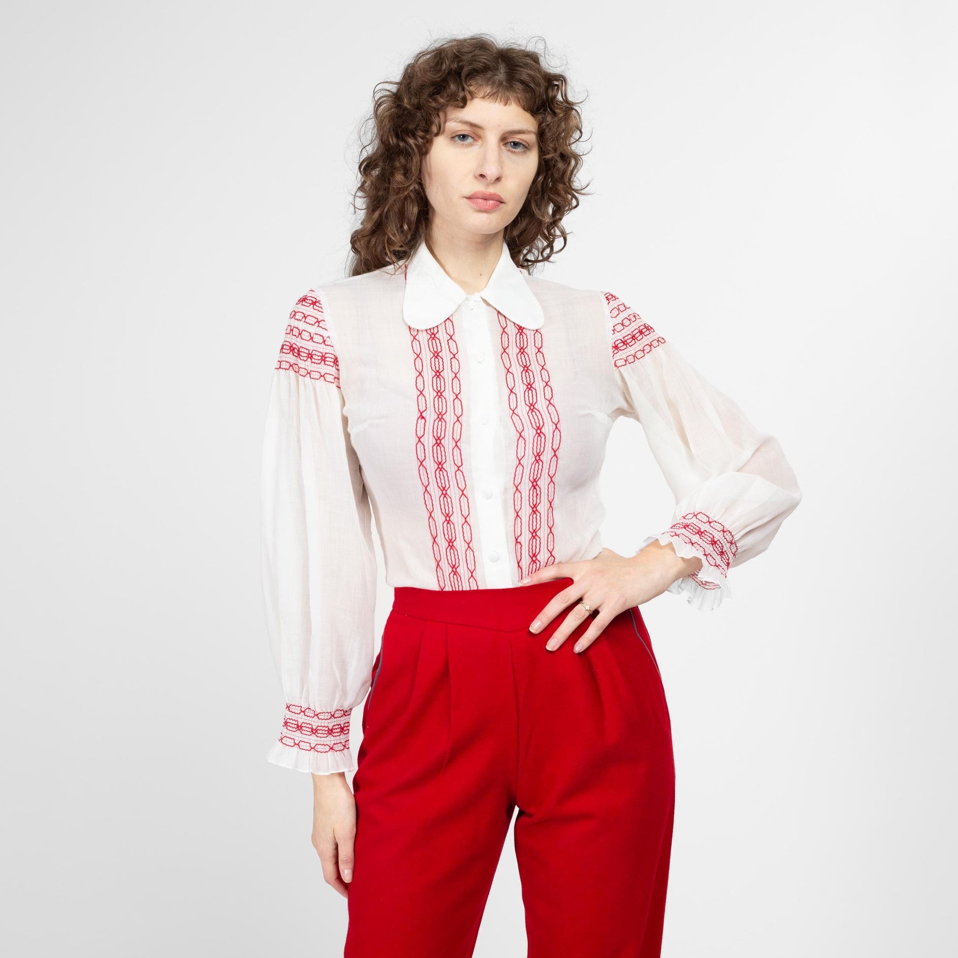 70s Boho White & Red Embroidered Folk Blouse | Vintage Dog Ear Collar Sheer Long Sleeve Peasant Shirt