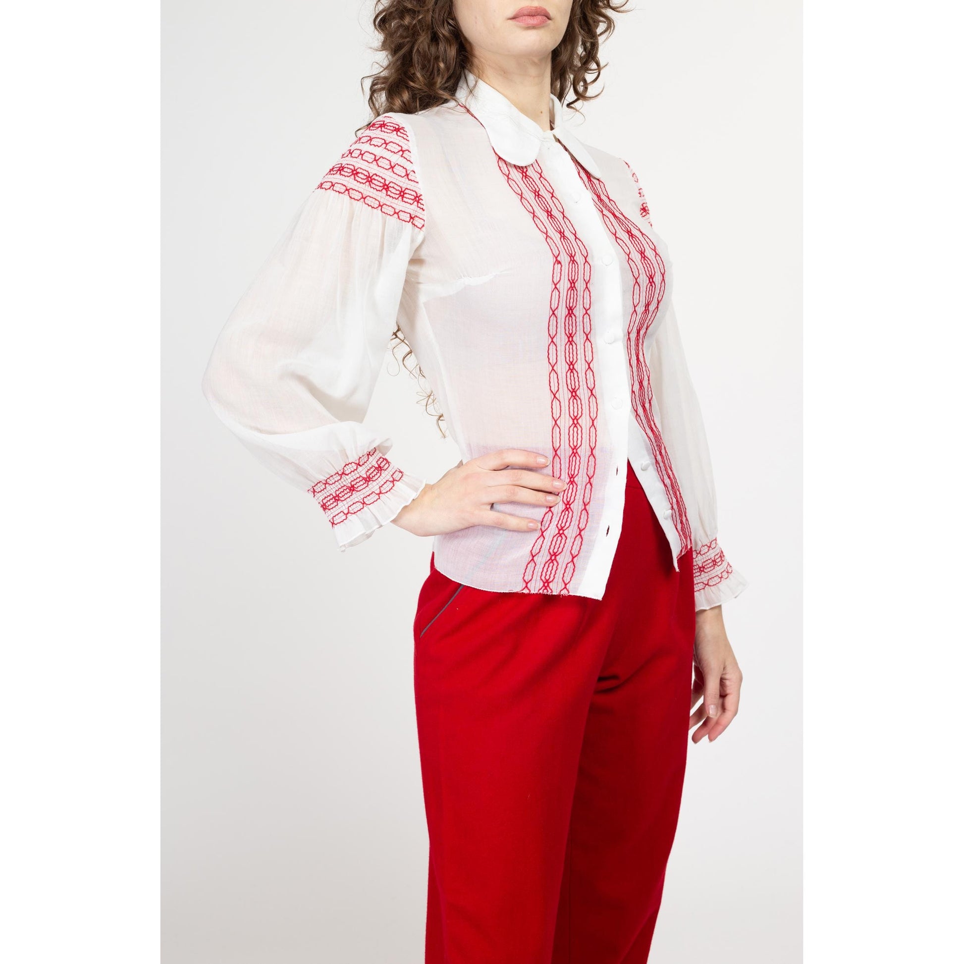 70s Boho White & Red Embroidered Folk Blouse | Vintage Dog Ear Collar Sheer Long Sleeve Peasant Shirt