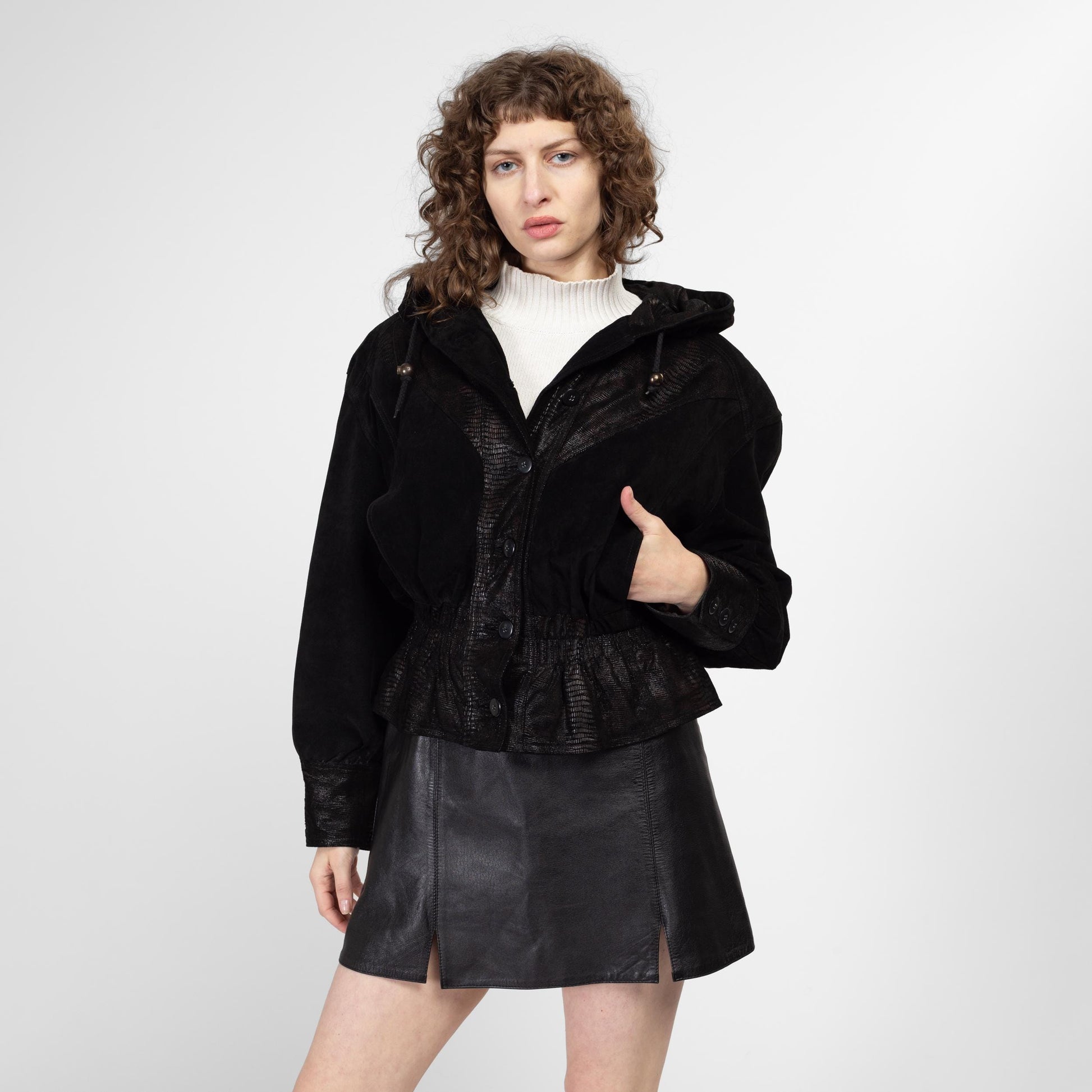 Medium 80s Black Embossed Suede Cropped Hooded Jacket | Vintage Leather Snakeskin Trim Fitted Waist Button Up Bomber Coat