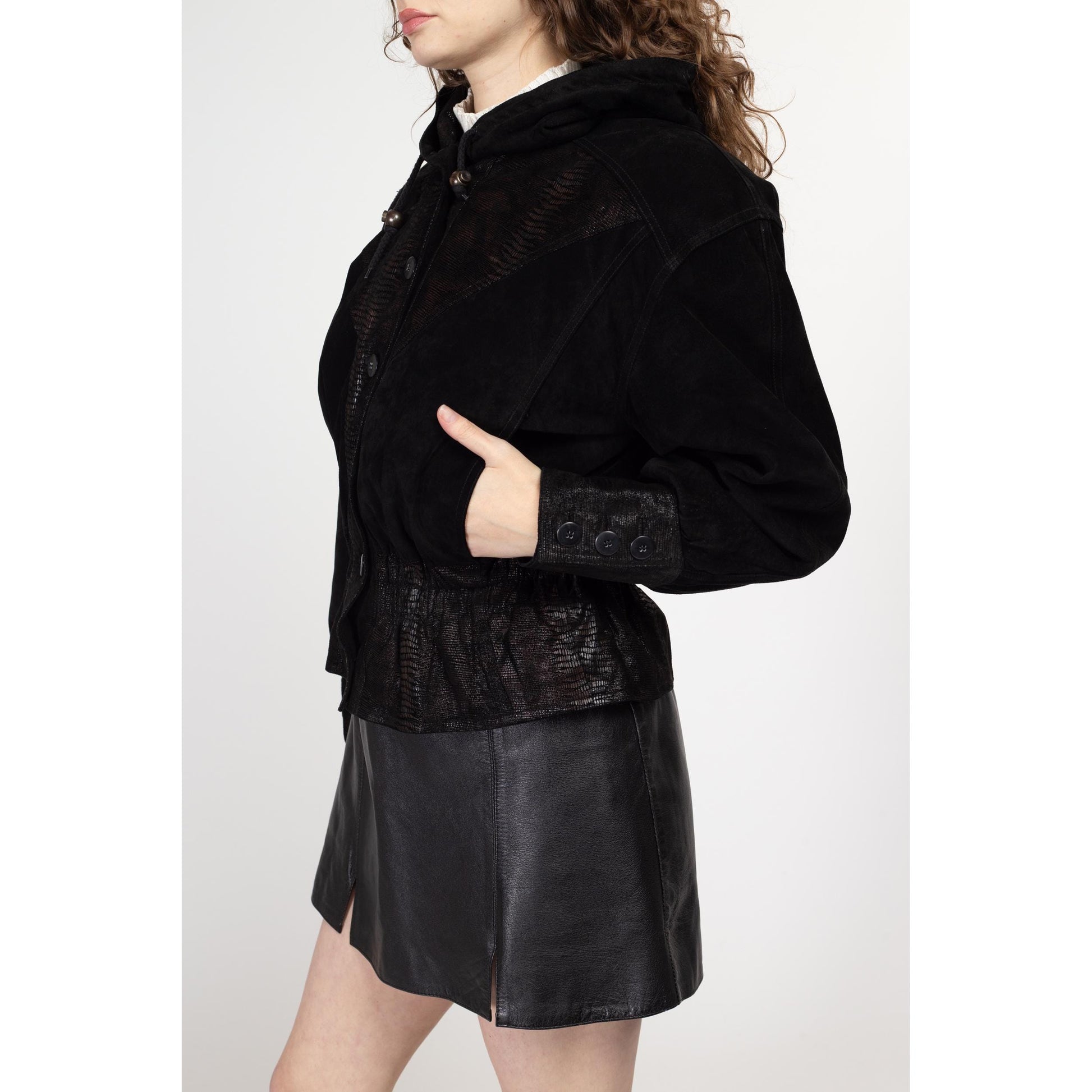 Medium 80s Black Embossed Suede Cropped Hooded Jacket | Vintage Leather Snakeskin Trim Fitted Waist Button Up Bomber Coat