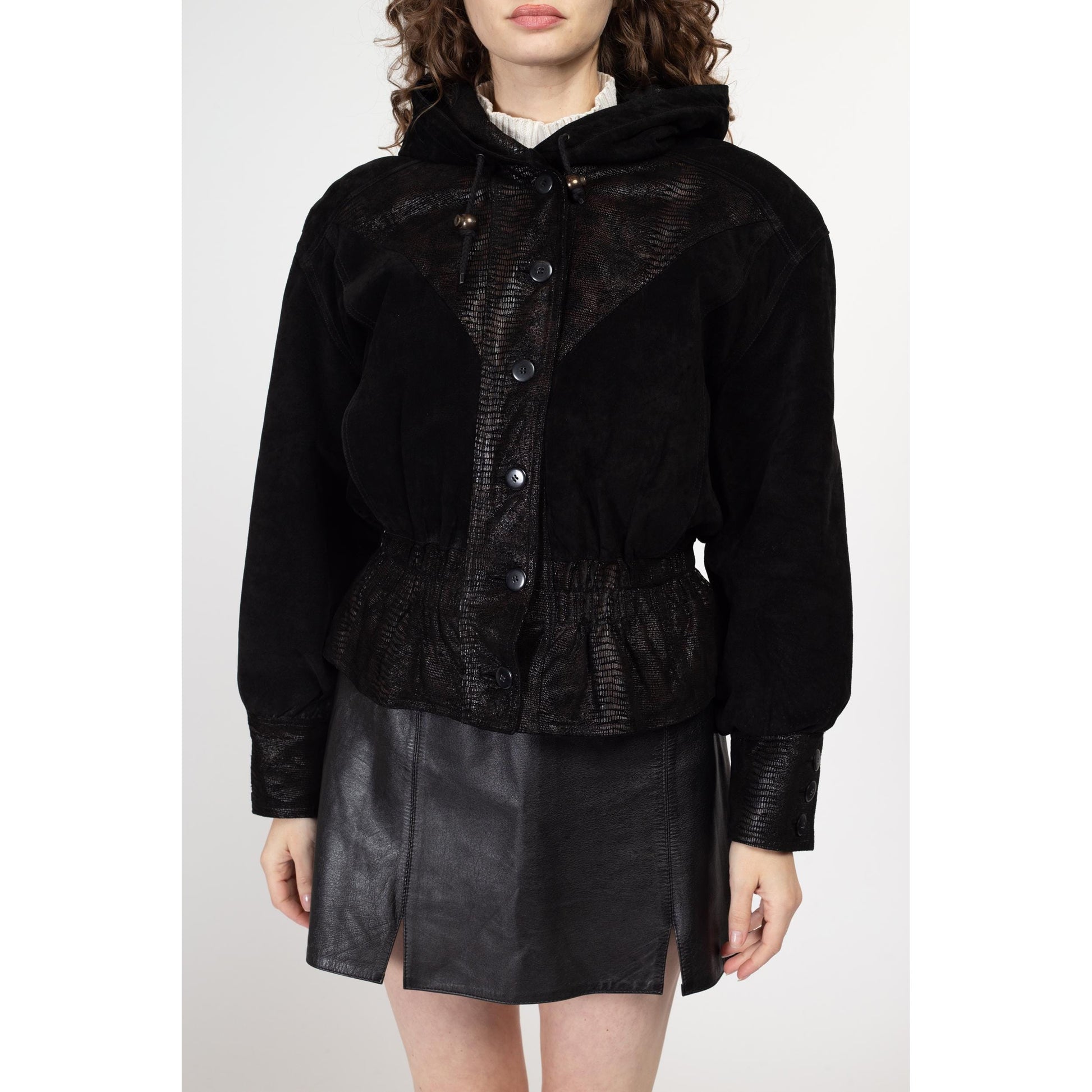 Medium 80s Black Embossed Suede Cropped Hooded Jacket | Vintage Leather Snakeskin Trim Fitted Waist Button Up Bomber Coat