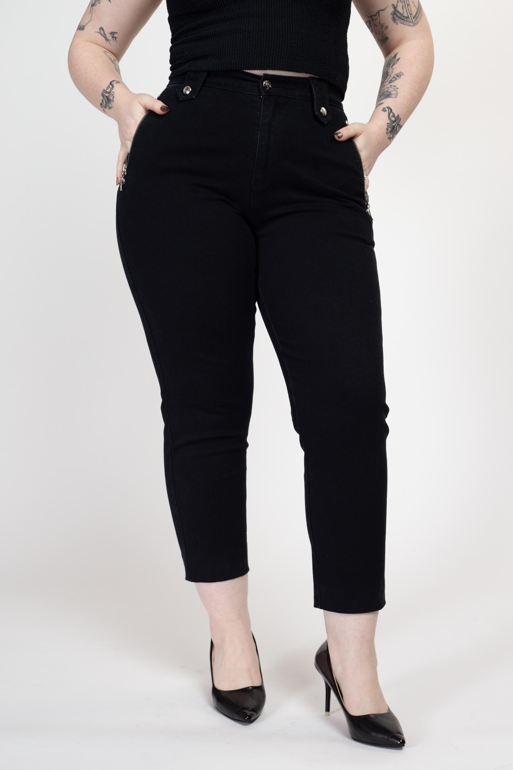 Medium Y2K Black Western Gothic Skinny Jeans | Vintage Zipper Pocket High Waisted Tapered Leg Stretch Pants