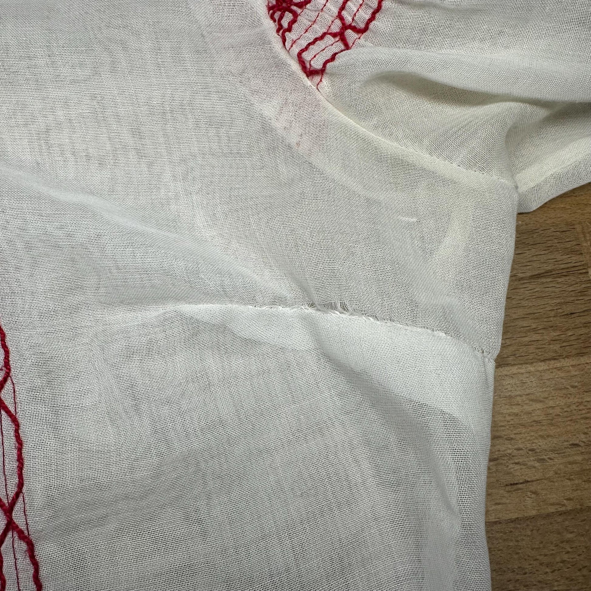 70s Boho White & Red Embroidered Folk Blouse | Vintage Dog Ear Collar Sheer Long Sleeve Peasant Shirt