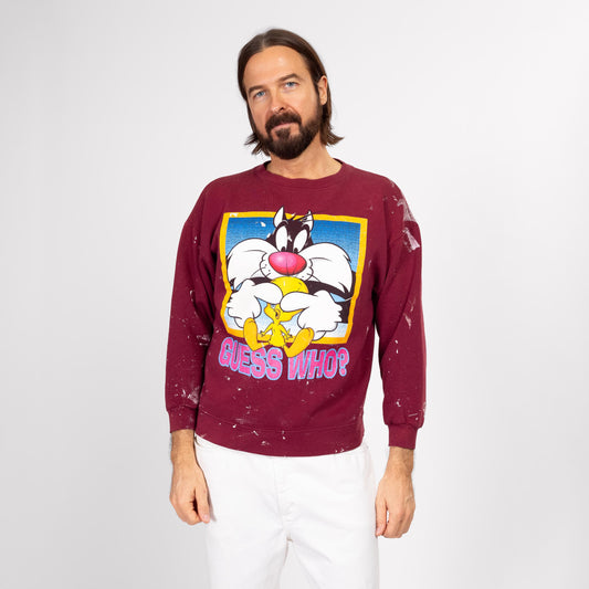 Medium 90s Sylvester & Tweety Bird Paint Splattered Sweatshirt | Vintage Wine Red Looney Tunes Graphic Crewneck
