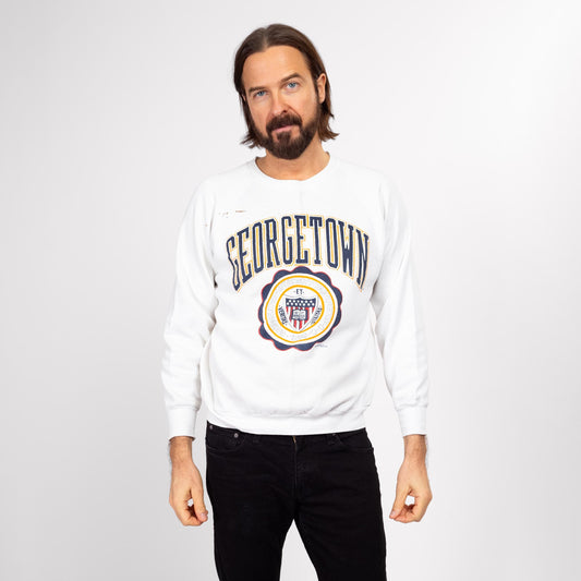 Medium 80s Georgetown University Distressed Crewneck Sweatshirt | Vintage White Raglan Sleeve Collegiate Graphic Pullover