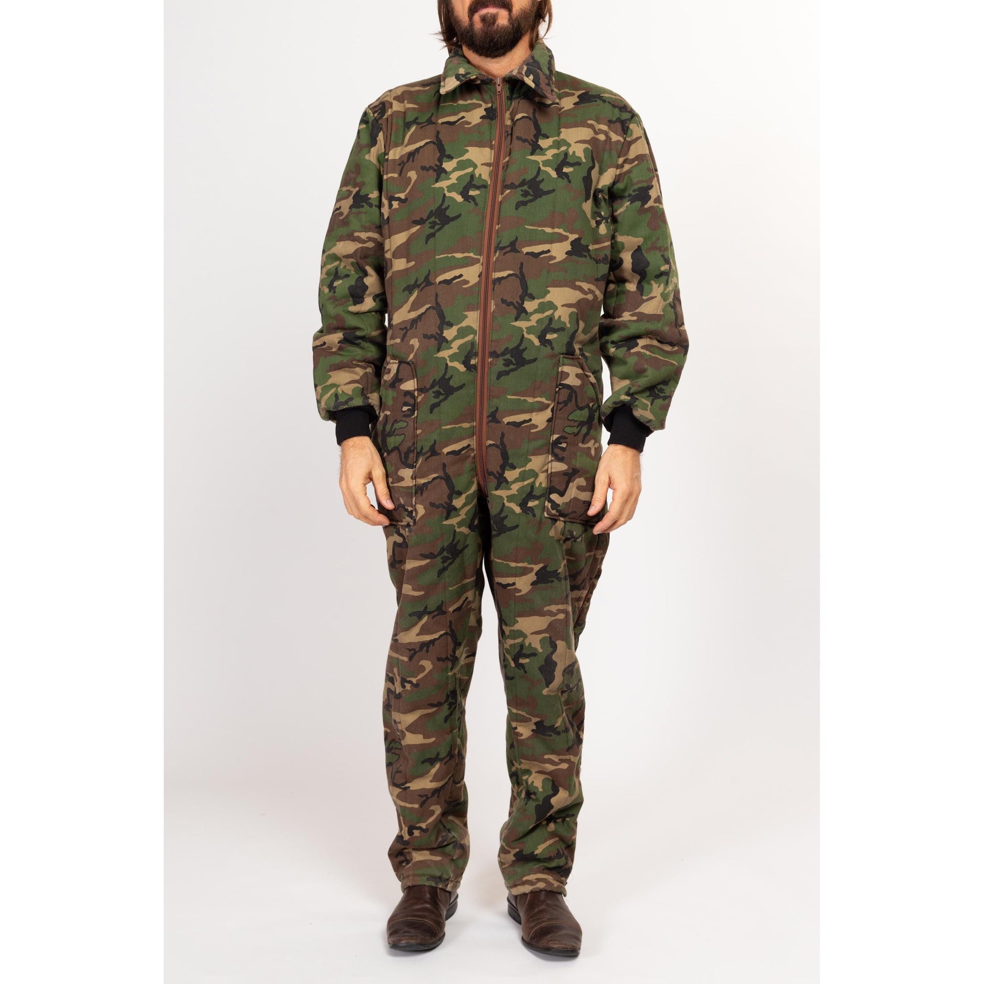 Large 70s Camouflage Quilted Coveralls | Vintage Insulated Camo Outdoor Gear Hunting Jumpsuit