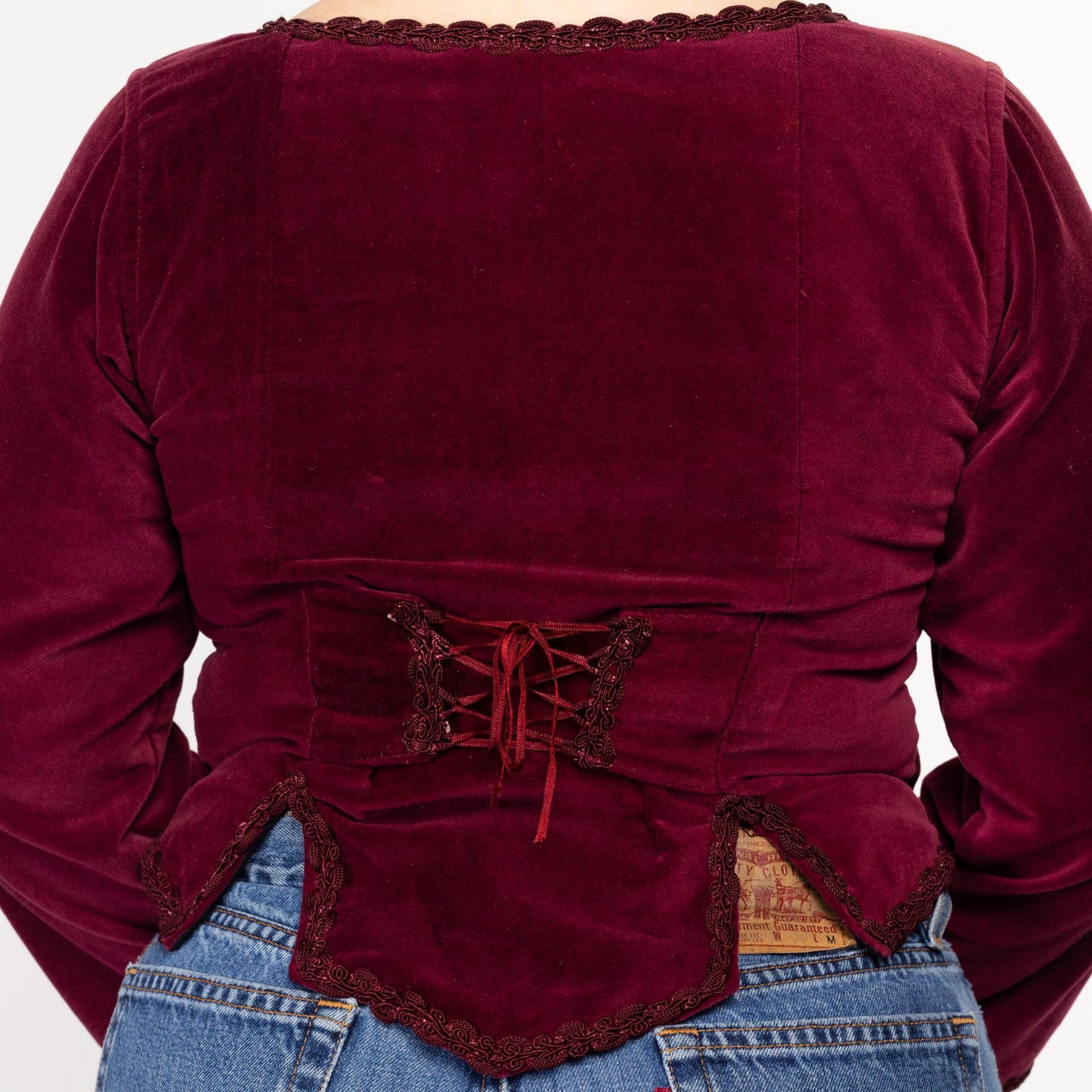 Large 90s Wine Red Velvet Renaissance Lace Up Corset Top | Vintage Long Sleeve Ren Faire Bustier Bodice Blouse
