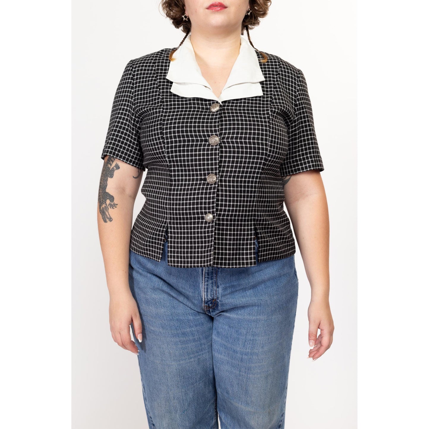Large 80s Black & White Tattersall Plaid Collared Shirt | Retro Vintage Short Sleeve Secretary Top