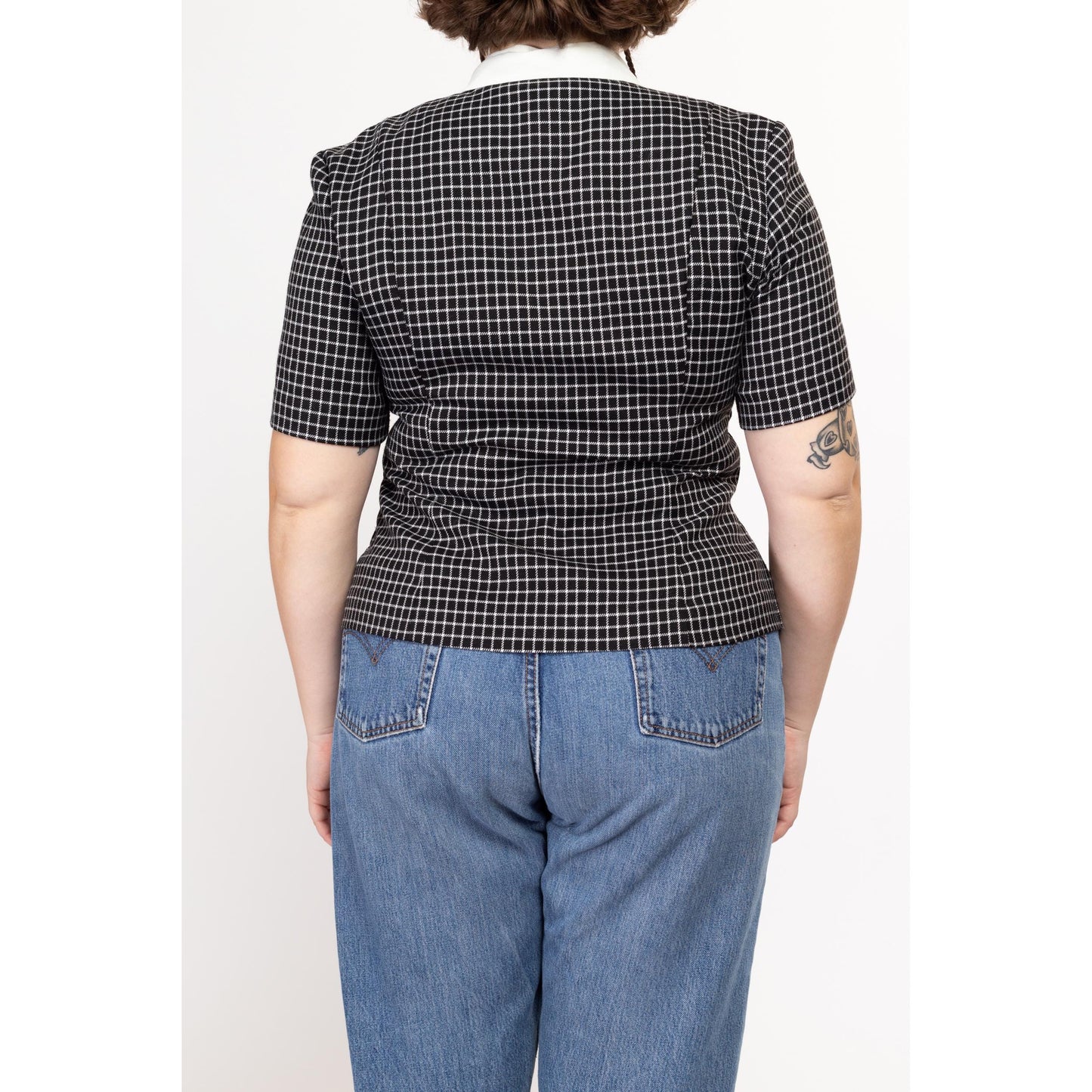 Large 80s Black & White Tattersall Plaid Collared Shirt | Retro Vintage Short Sleeve Secretary Top