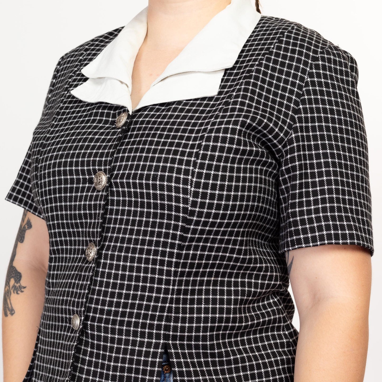 Large 80s Black & White Tattersall Plaid Collared Shirt | Retro Vintage Short Sleeve Secretary Top