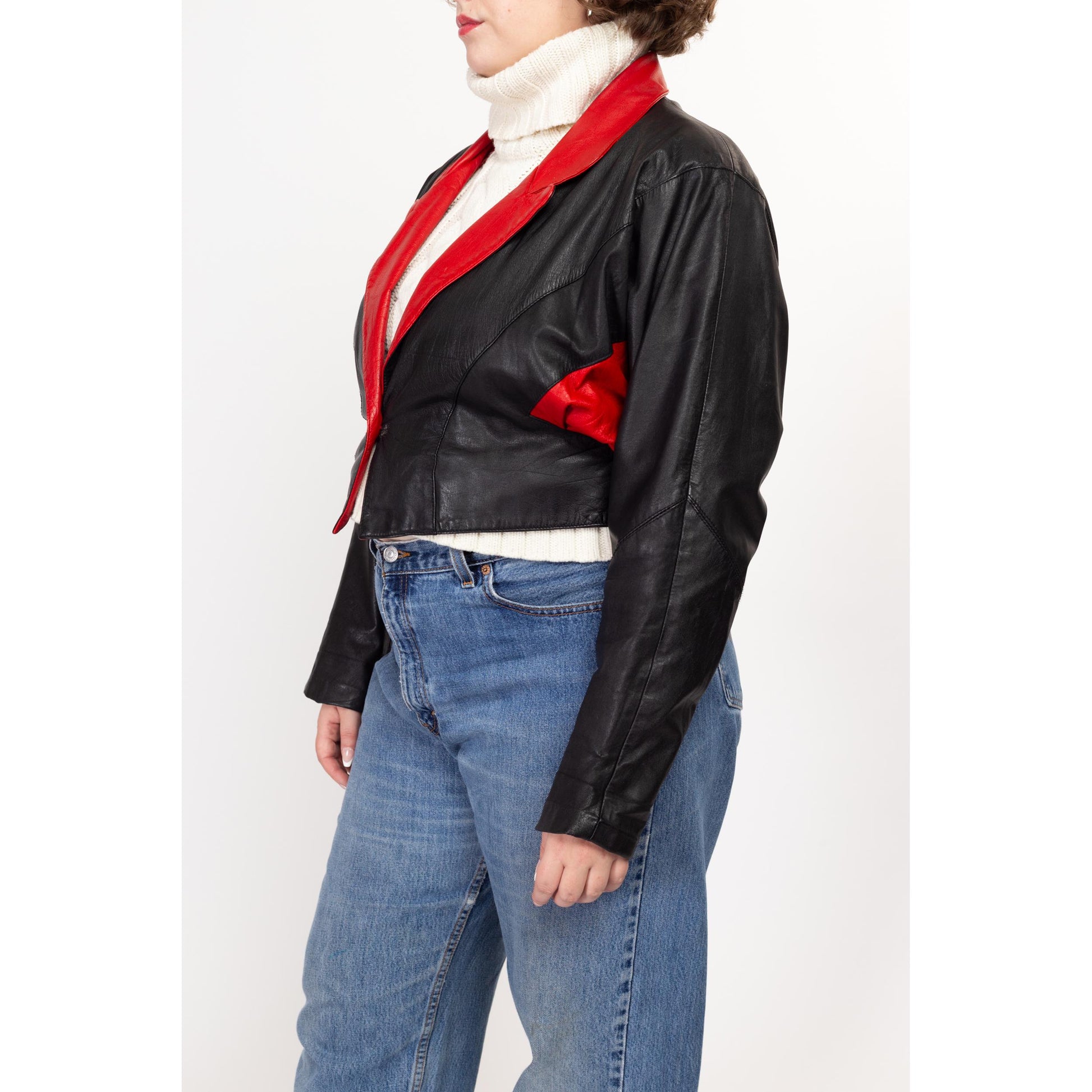 XL 80s Black & Red Leather Cropped Jacket | Vintage Color Block Batwing Moto Coat