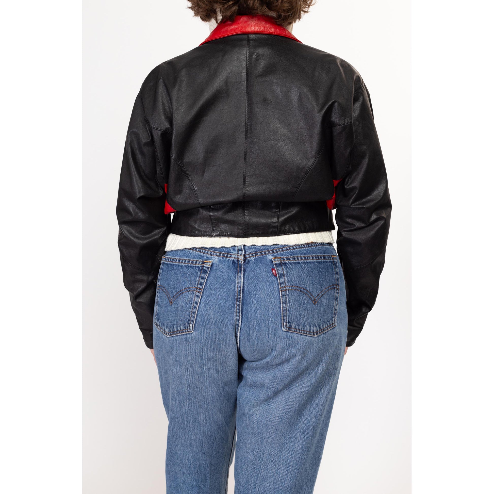 XL 80s Black & Red Leather Cropped Jacket | Vintage Color Block Batwing Moto Coat
