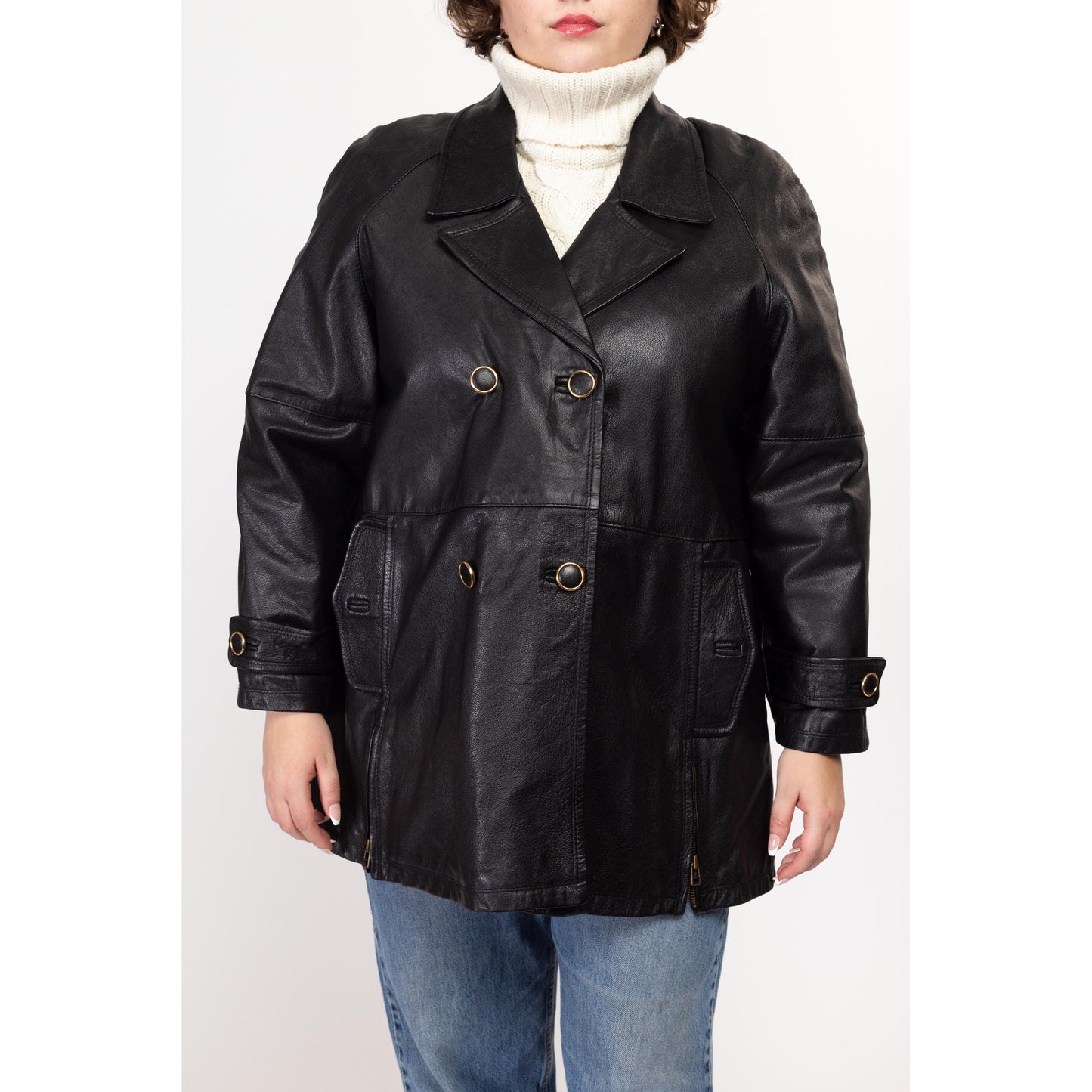Large 70s Black Leather Double Breasted Jacket | Vintage Mid Length Button Up Notched Collar Coat