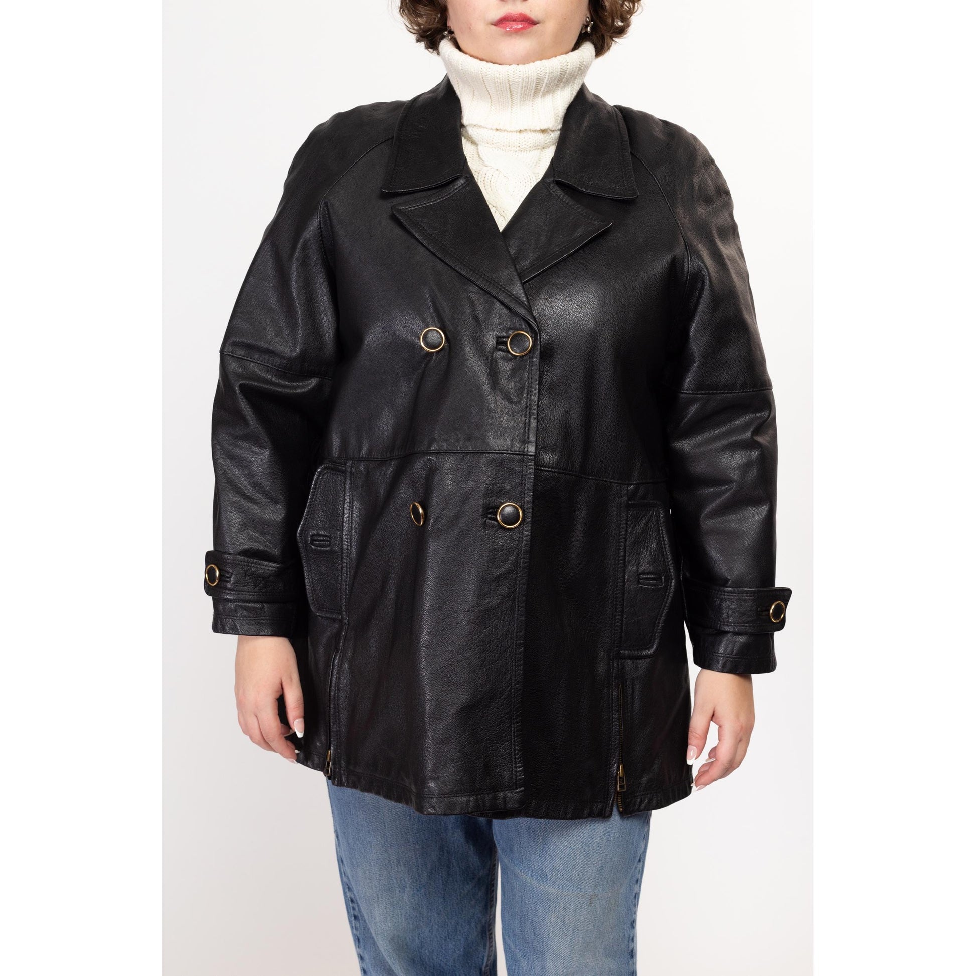 Large 70s Black Leather Double Breasted Jacket | Vintage Mid Length Button Up Notched Collar Coat